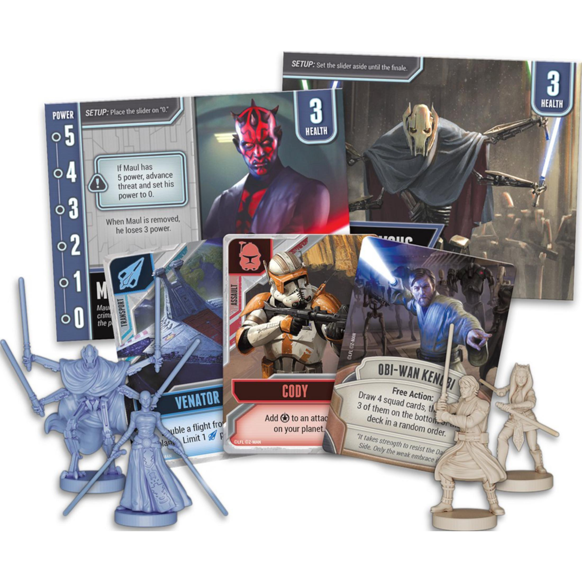 Star Wars Figuren und Karten: Darth Maul, Cody, Obi-Wan, General Grievous.