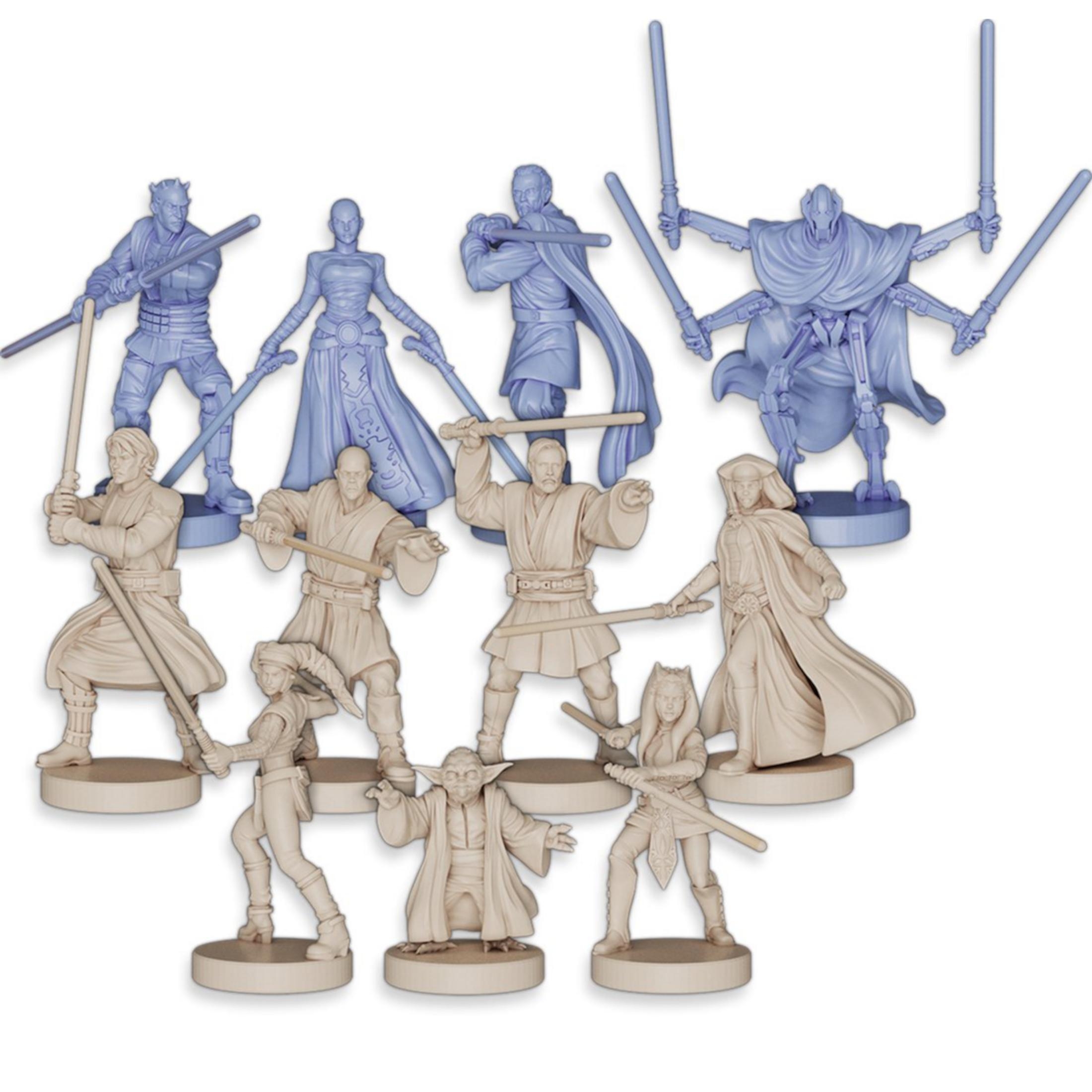 Eine Gruppe von Figuren mit Lichtschwertern, einige blau, andere beige.