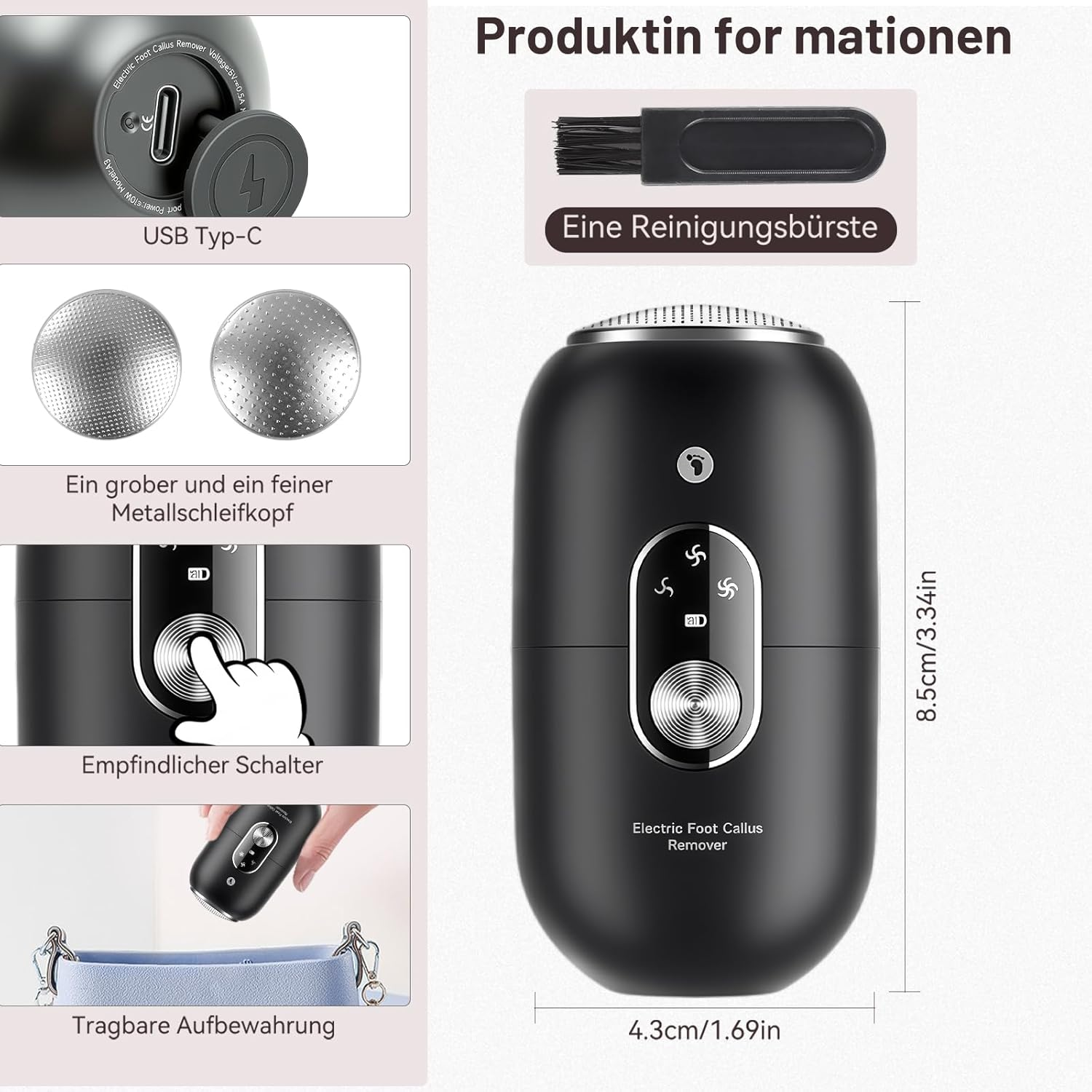 Ein schwarzer elektrischer Hornhautentferner mit Zubehör: Bürste, USB-C-Anschluss, zwei Schleifköpfe.