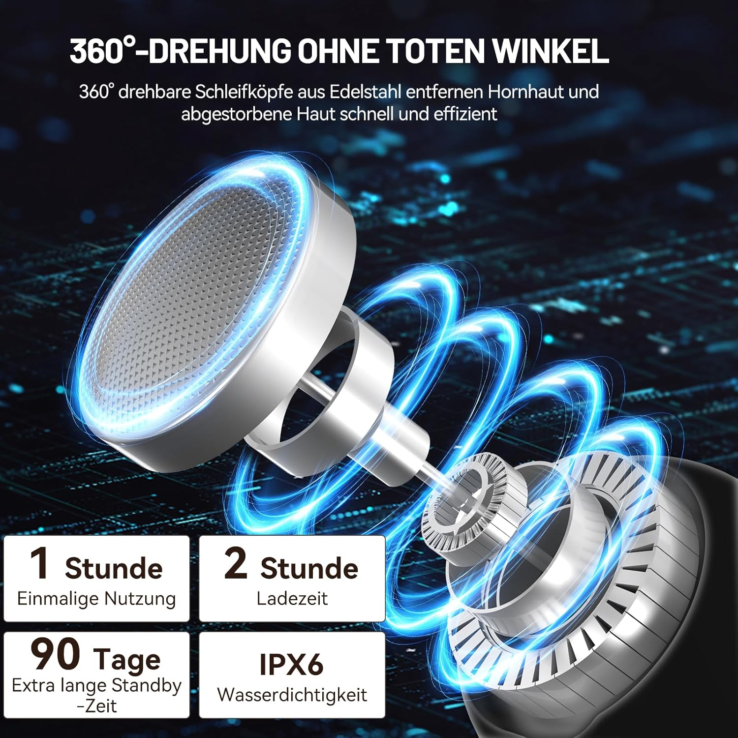 Elektrischer Hornhautentferner mit 360° Drehung, 1 Std. Nutzung, 90 Tage Standby, IPX6.