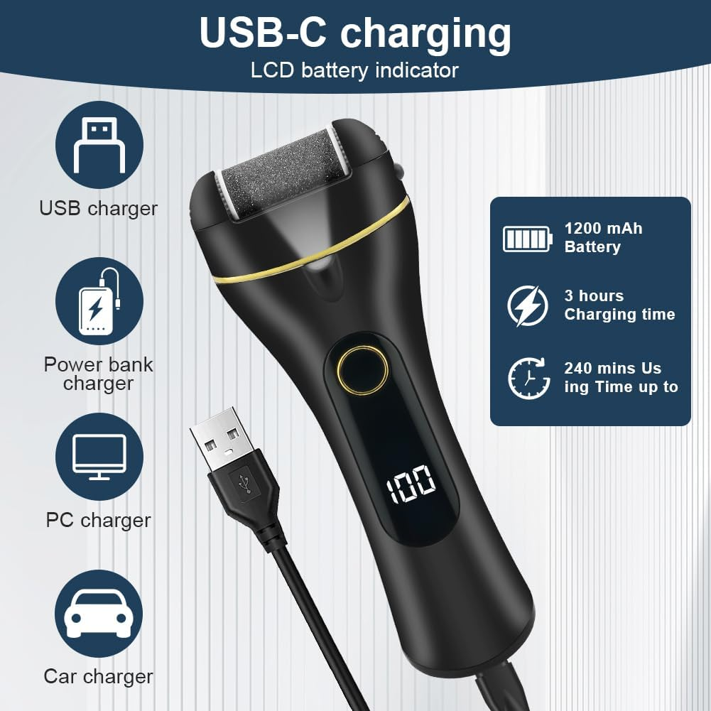Ein schwarzer elektrischer Hornhautentferner mit LCD-Anzeige und USB-C-Ladekabel.