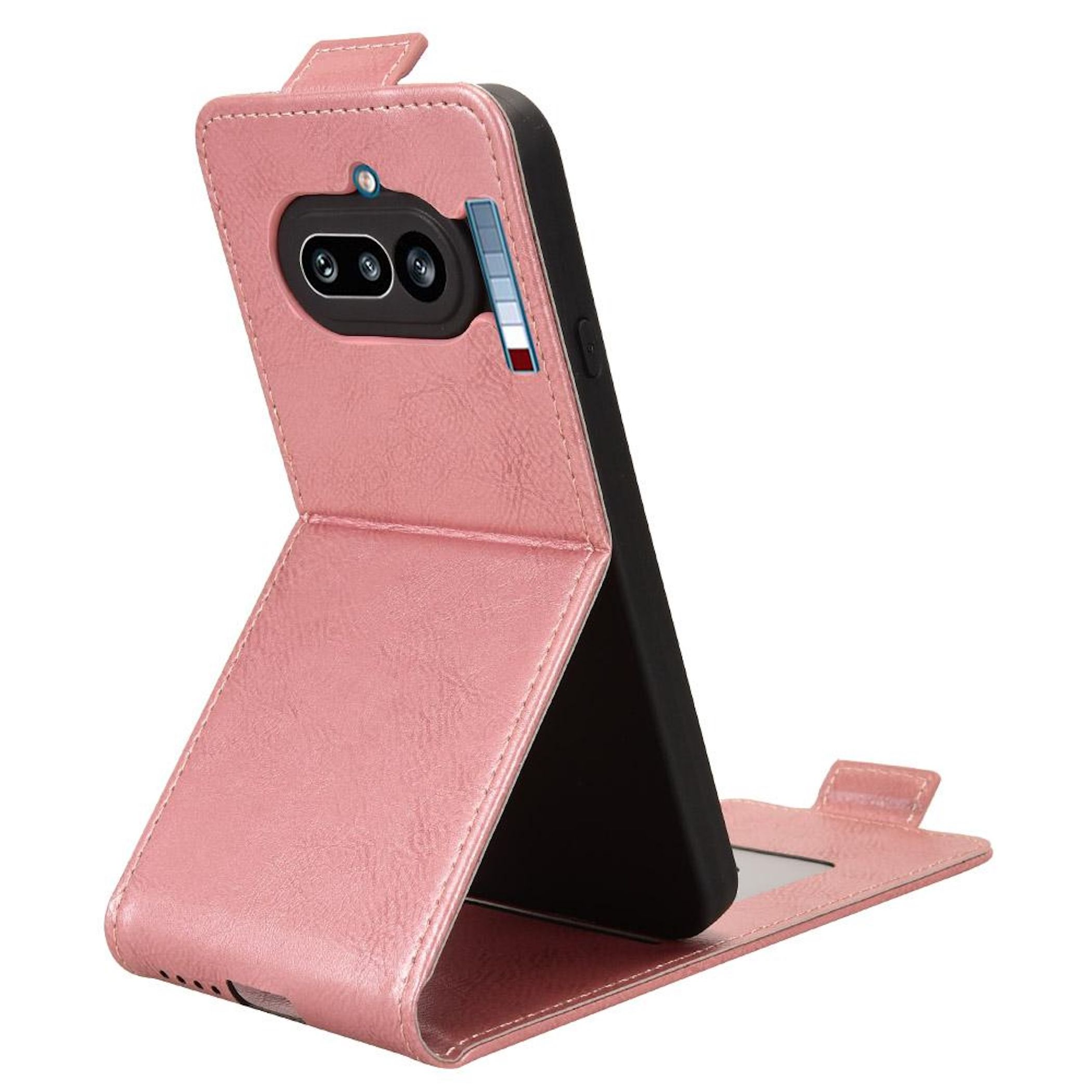 Ein rosafarbener Leder-Flipcase-Ständer für ein Smartphone mit Kamerasicht.