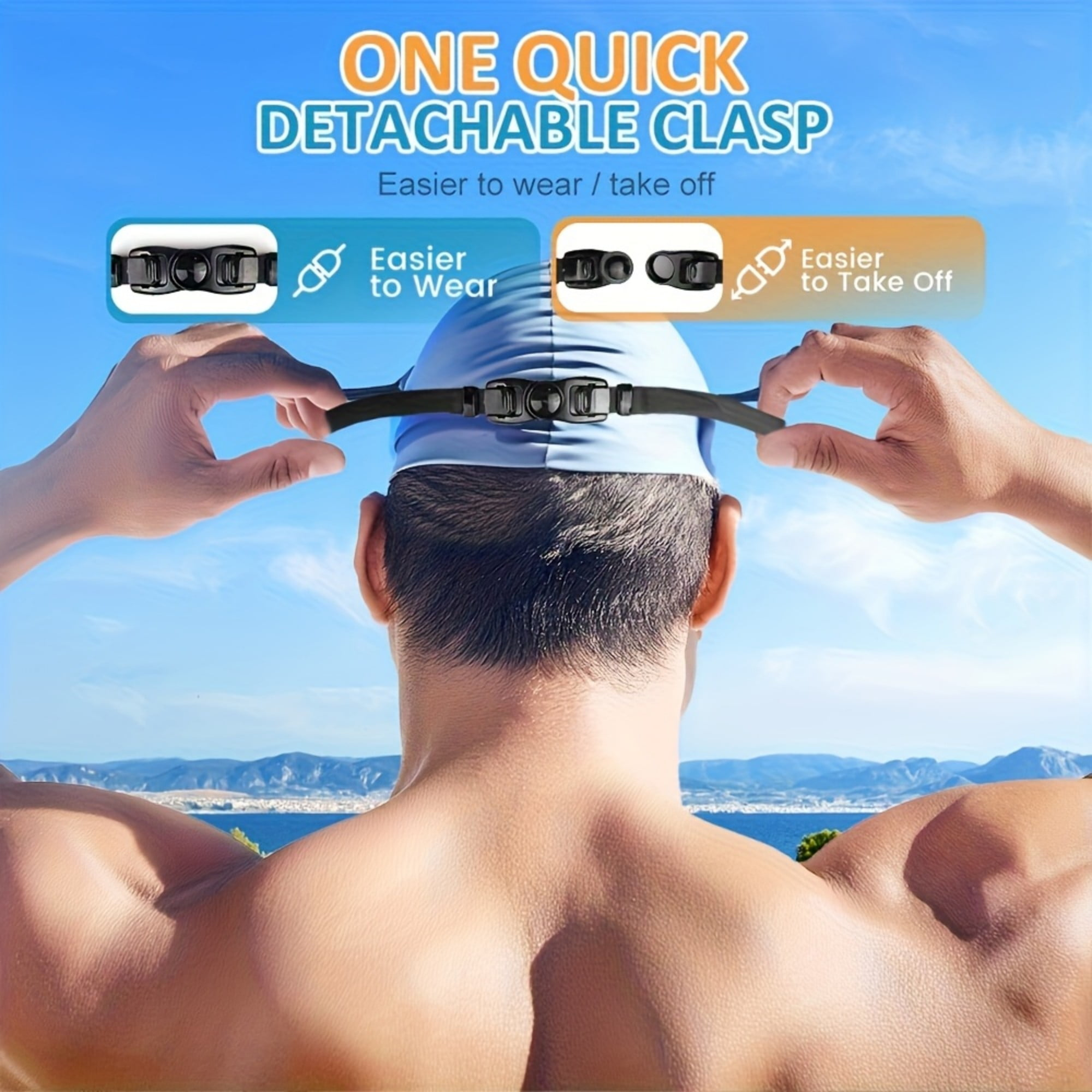 Mann mit Schwimmkappe und abnehmbarer Schnalle, leichter An-/Ausziehmechanismus.