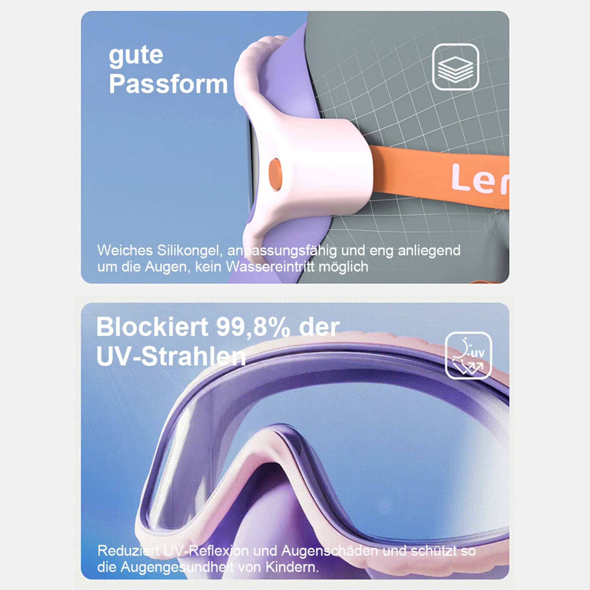 Nahaufnahme einer Schwimmbrille, Fokus auf Passform und UV-Schutz.