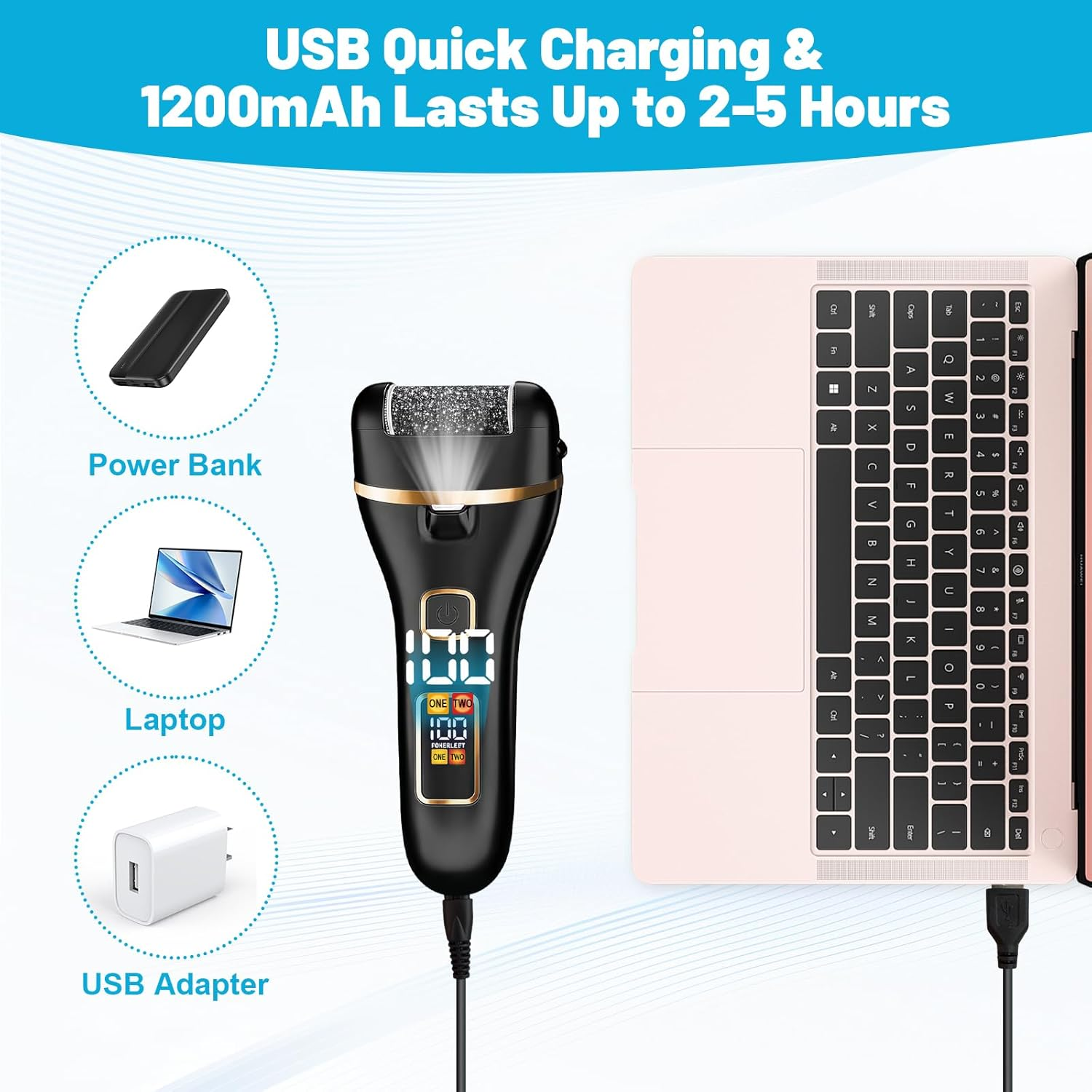 Schwarzer Elektrorasierer lädt per USB von einem pinken Laptop.