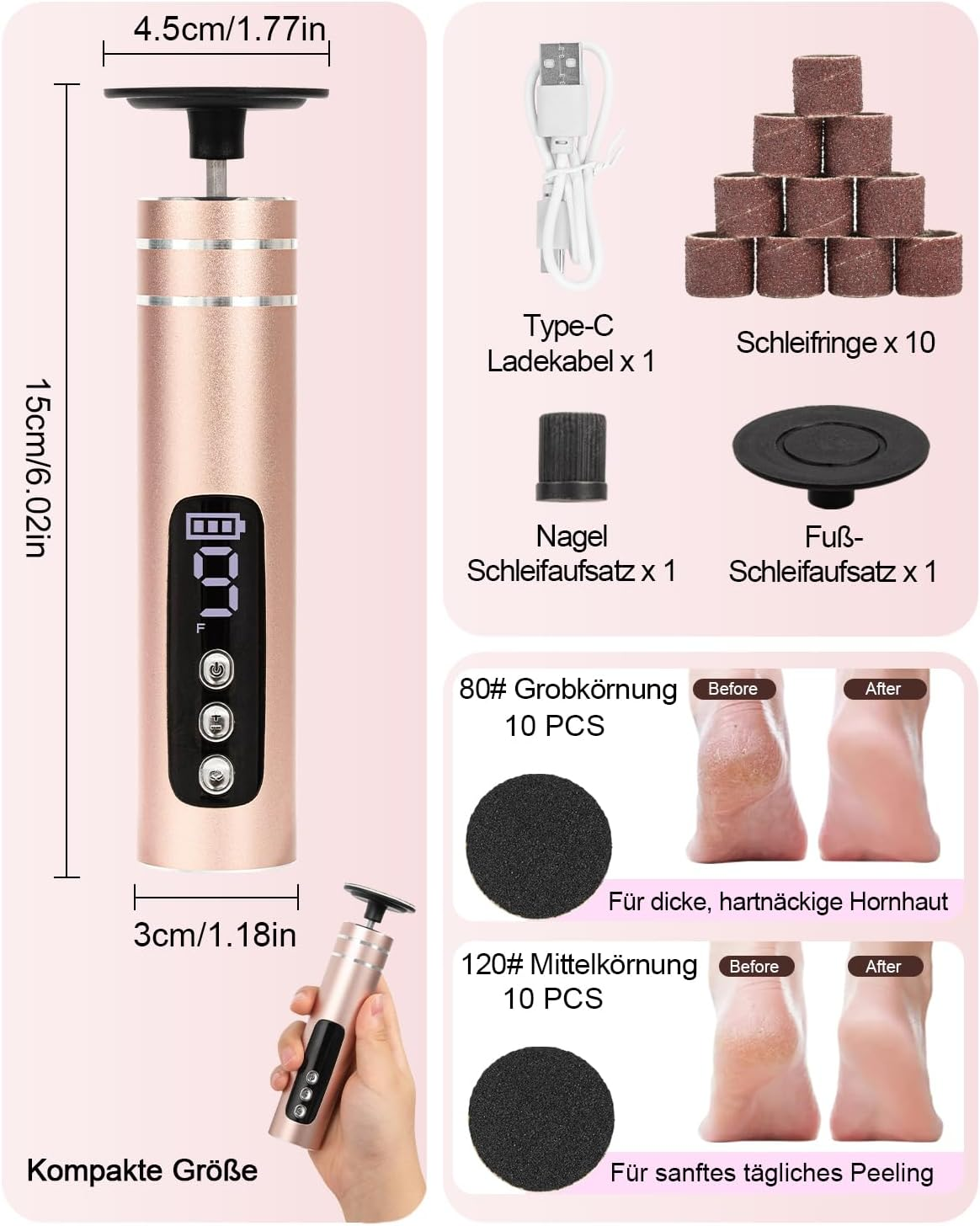 Ein roségoldenes elektrisches Fußpflegegerät mit Zubehör, Ladekabel und Schleifaufsätzen.