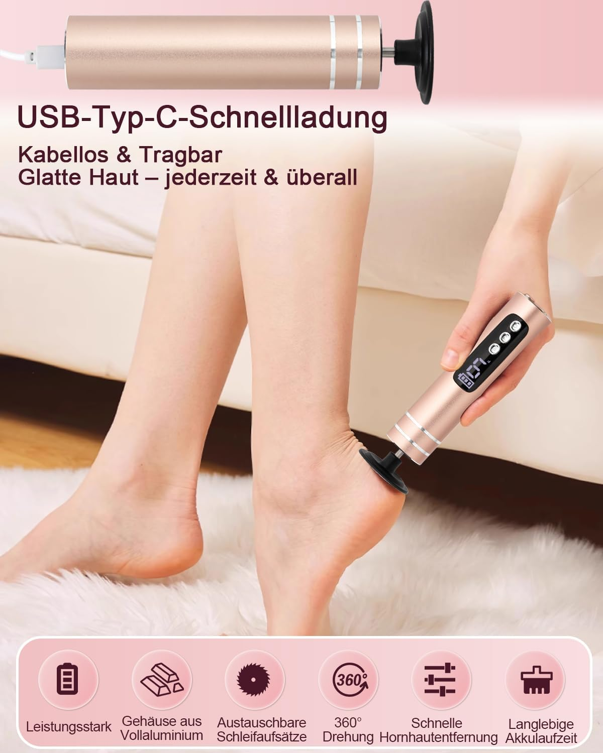 Ein faltbarer Hornhautentferner mit USB-C Ladeanschluss wird auf einem Bein benutzt.