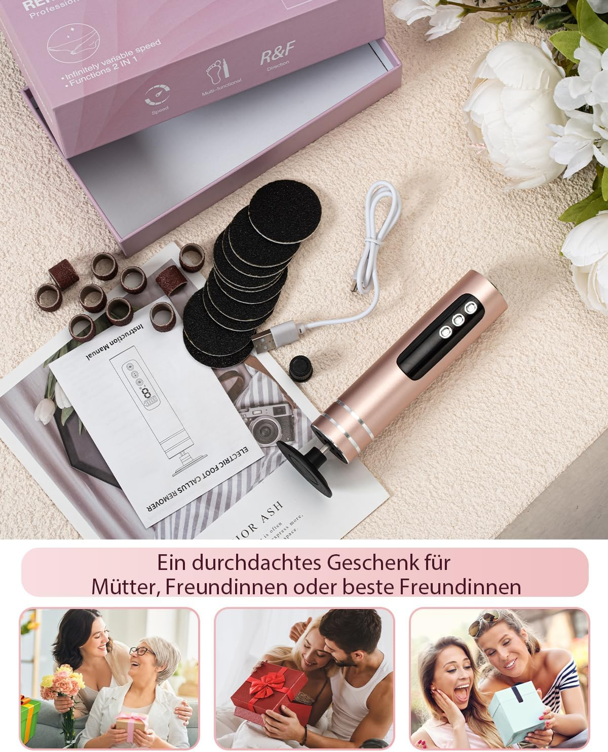 Ein roségoldenes Fußpflegegerät mit Zubehör und drei Bildern von beschenkten Frauen.