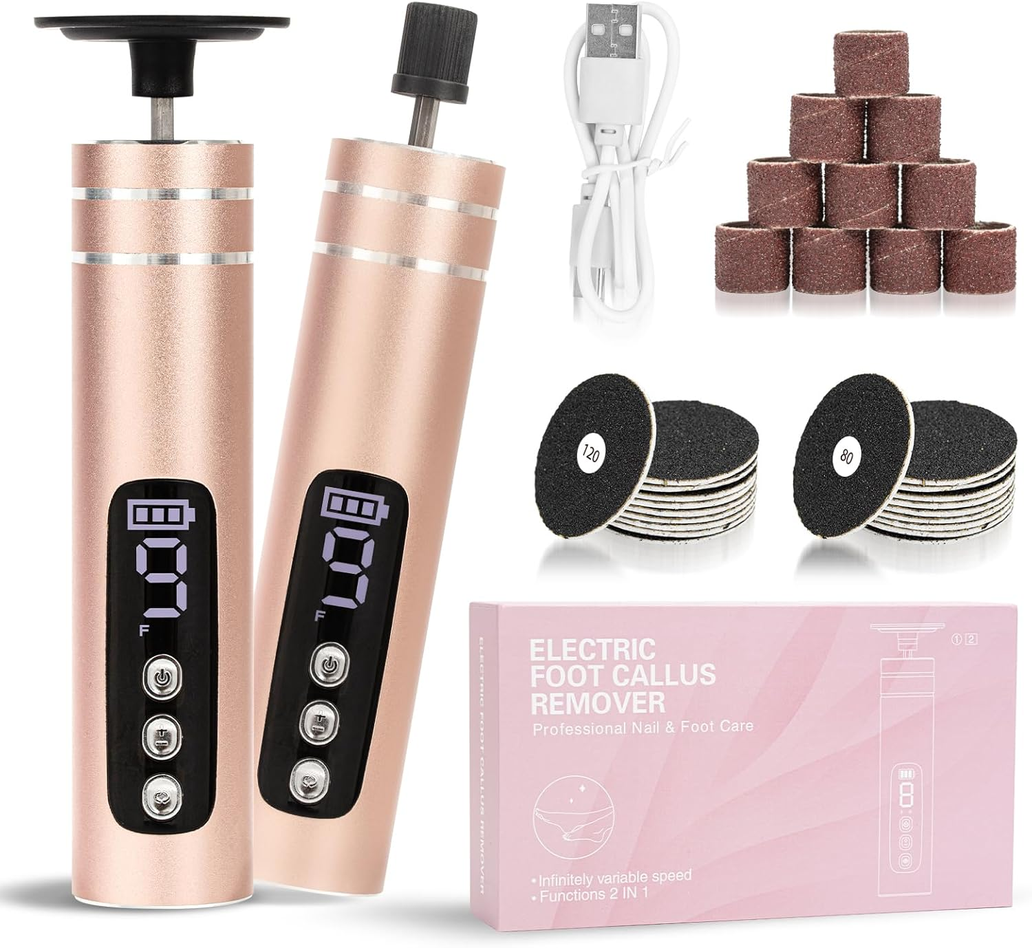 Zwei roségoldene elektrische Hornhautentferner mit Zubehör und Ladekabel.