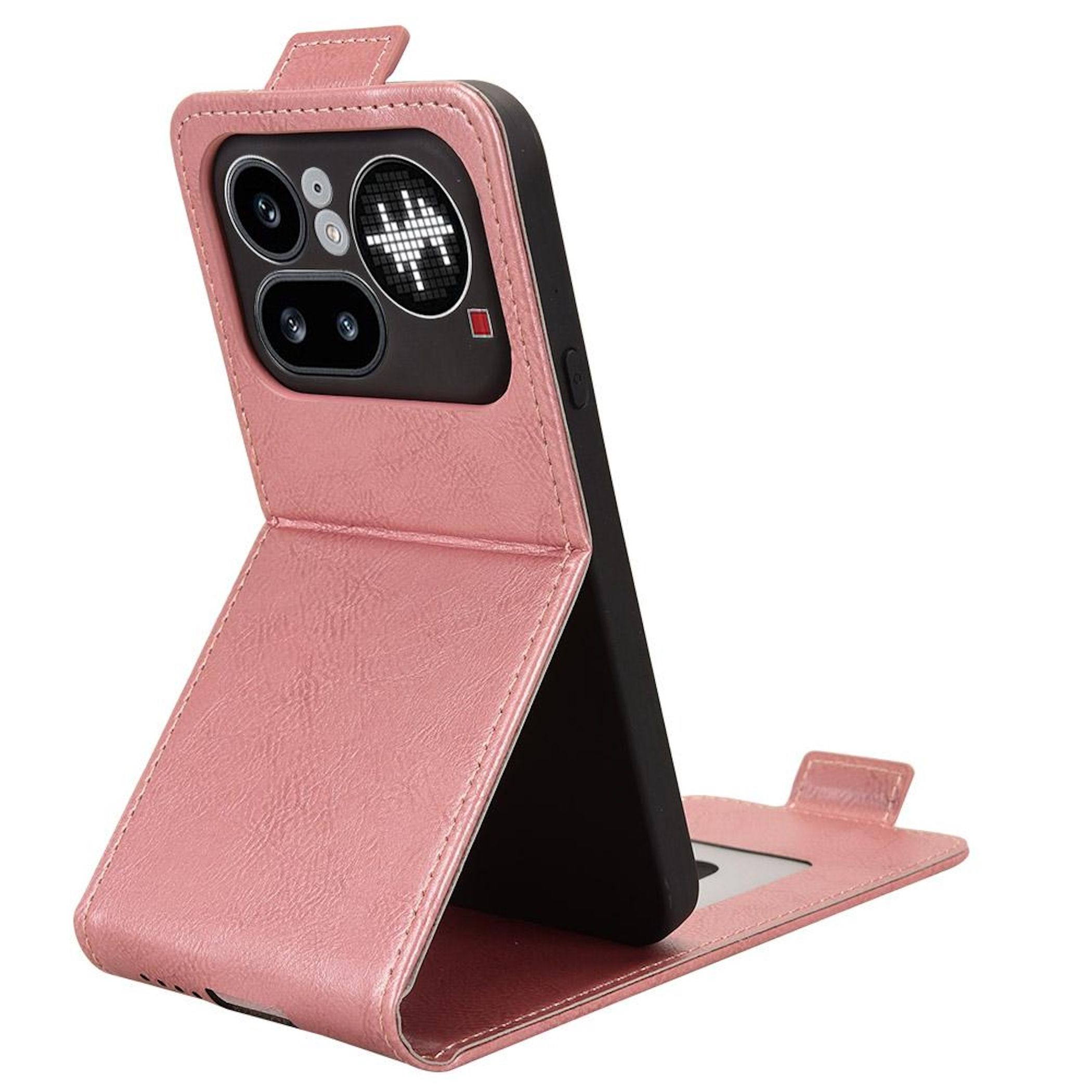 Ein rosafarbener Leder-Flip-Case-Ständer für ein Smartphone, der aufrecht steht.