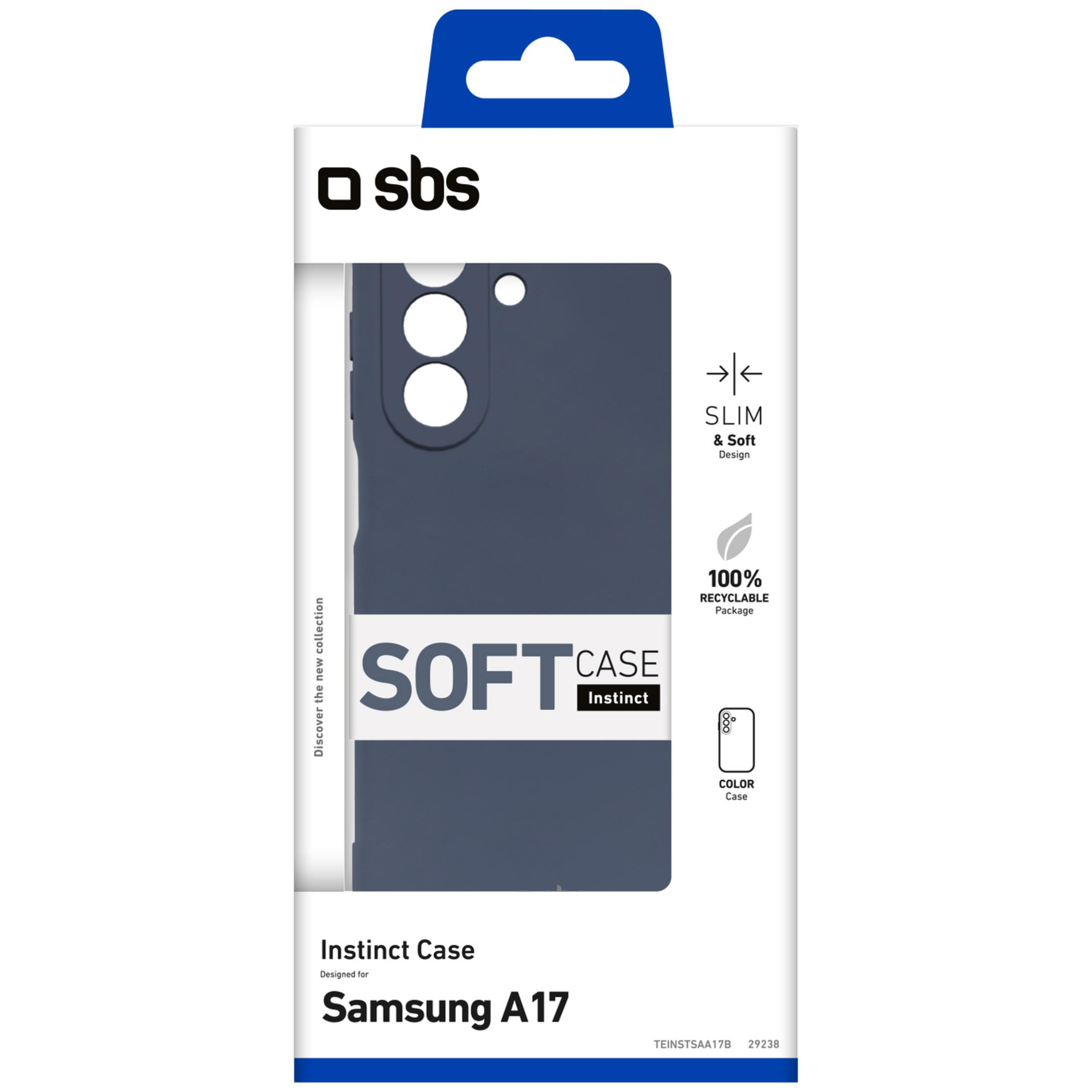 Verpackung für eine dunkelblaue Samsung A17 Handyhülle mit SBS Logo.