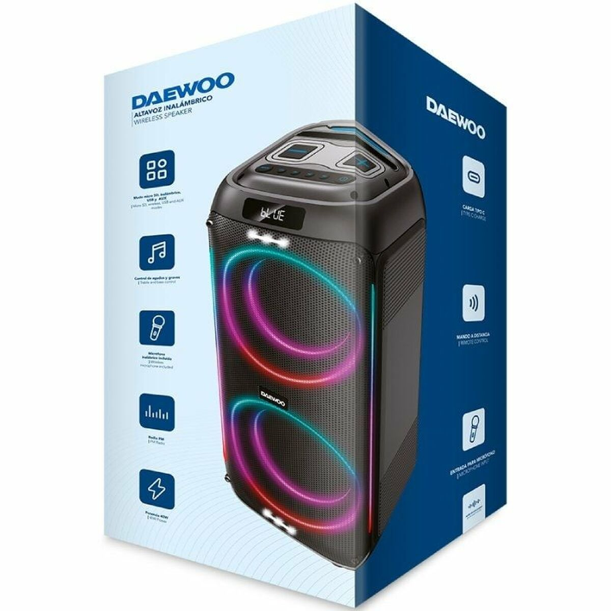 Un altoparlante wireless DAEWOO nero con luci LED colorate e pulsanti di controllo.