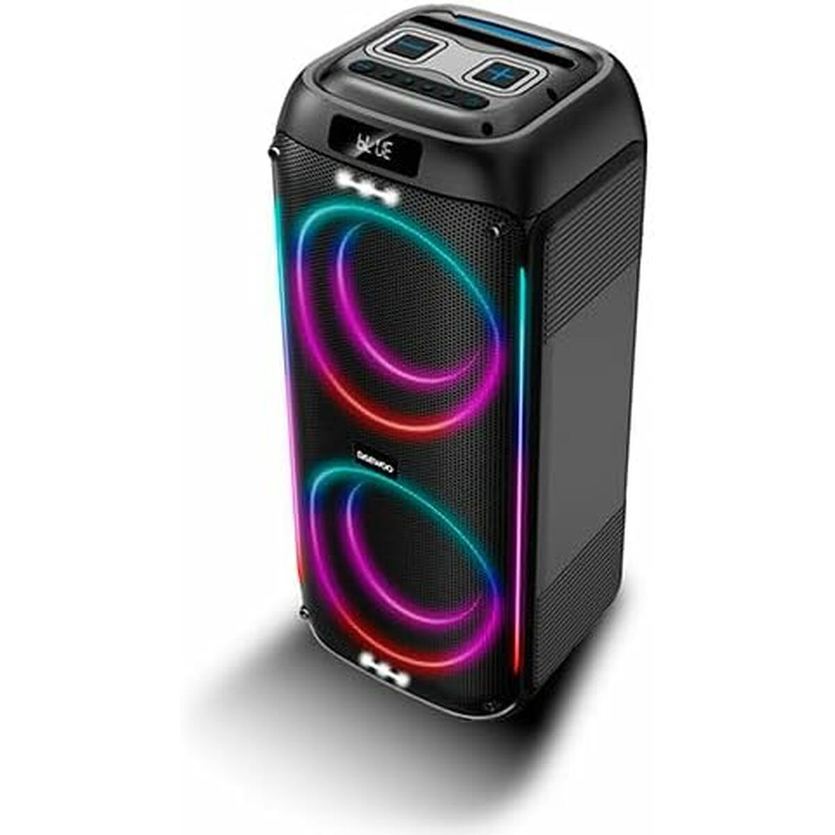 Uno speaker nero con luci colorate e pulsanti in cima.