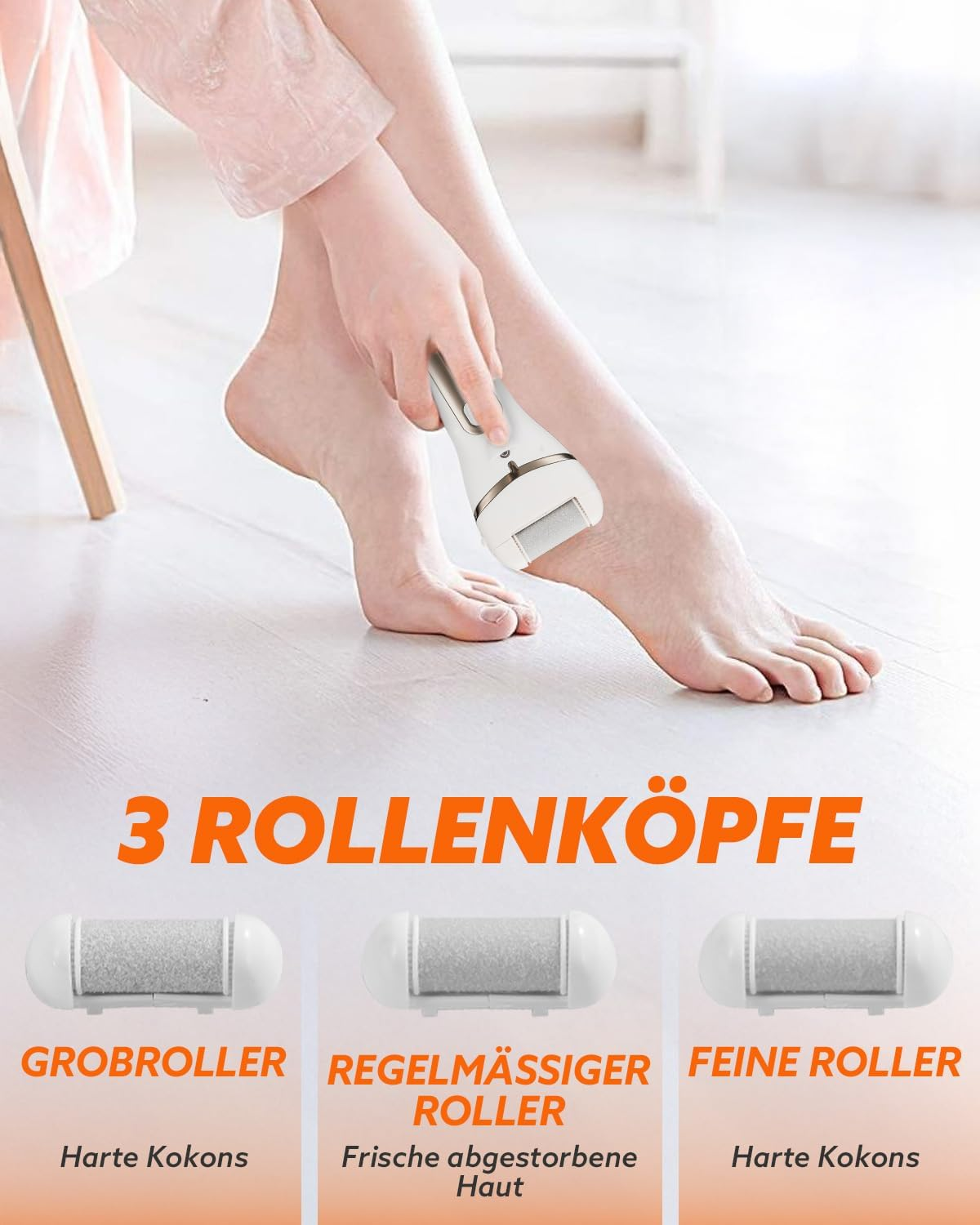 Person benutzt elektrischen Hornhautentferner am Fuß. Drei Rollenköpfe gezeigt.