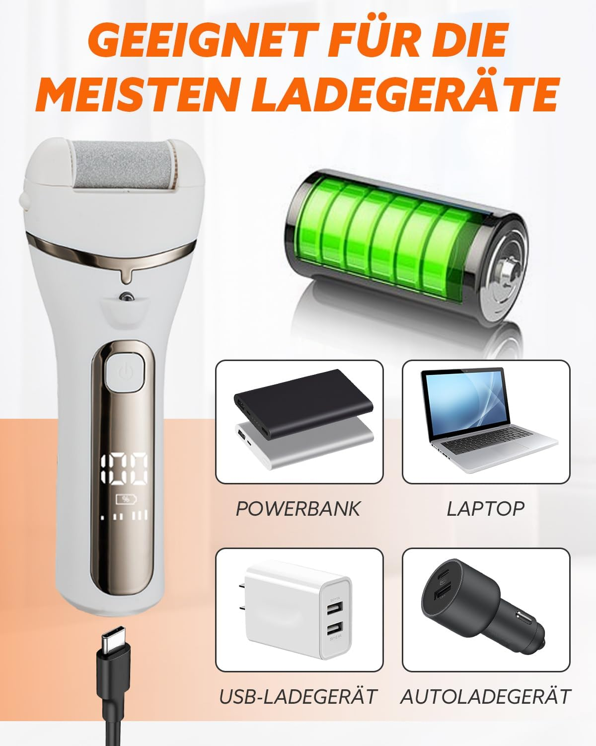 Ein weißes Fußpflegegerät mit einem Ladeanschluss, daneben eine Batterieanzeige und vier Bilder von Geräten.
