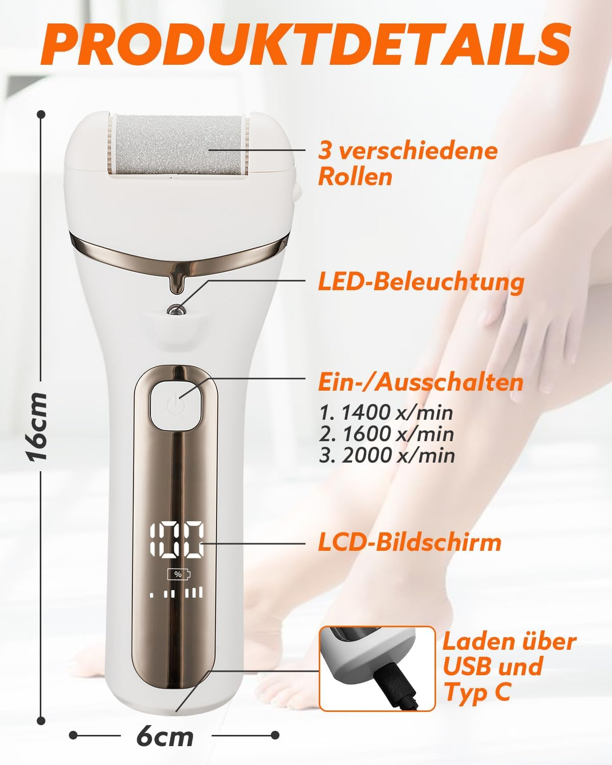 Ein weißer elektrischer Hornhautentferner mit LCD-Bildschirm und USB-C-Ladeanschluss.