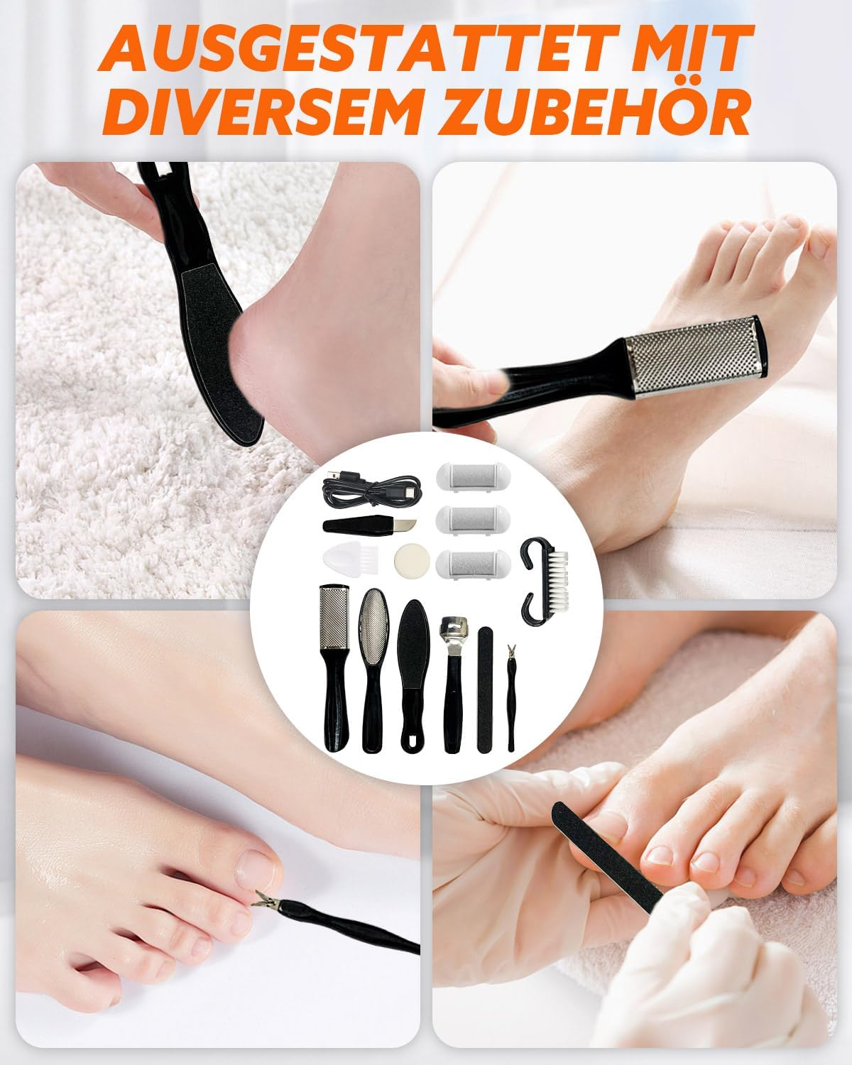 Collage zeigt Fußpflegewerkzeuge: Schleifen, Feilen, Reinigen von Füßen.