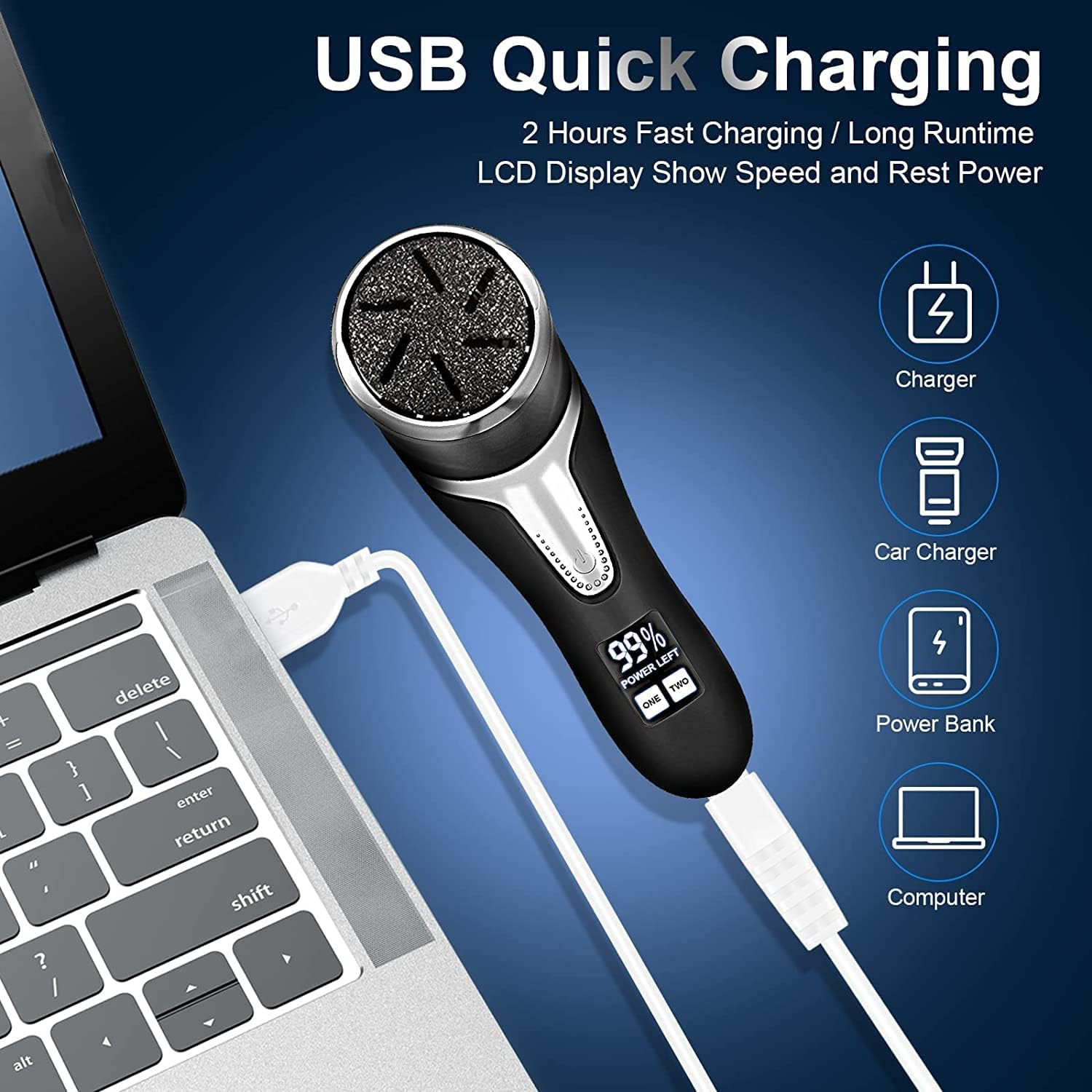 Ein USB-Gerät wird von einem Laptop aufgeladen und zeigt 99% Leistung.