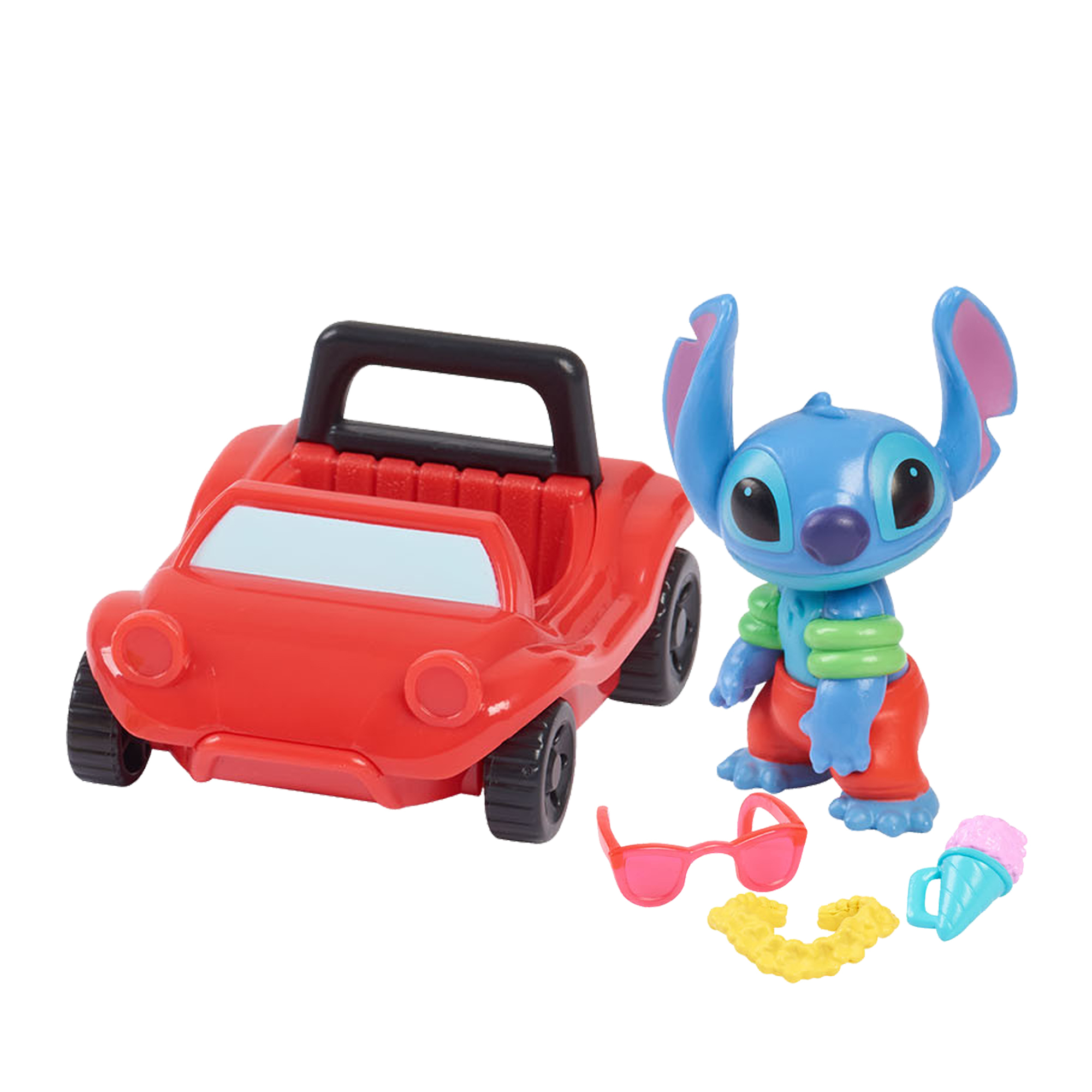 Un personaggio blu di Stitch con accessori si trova accanto a un'auto giocattolo rossa.