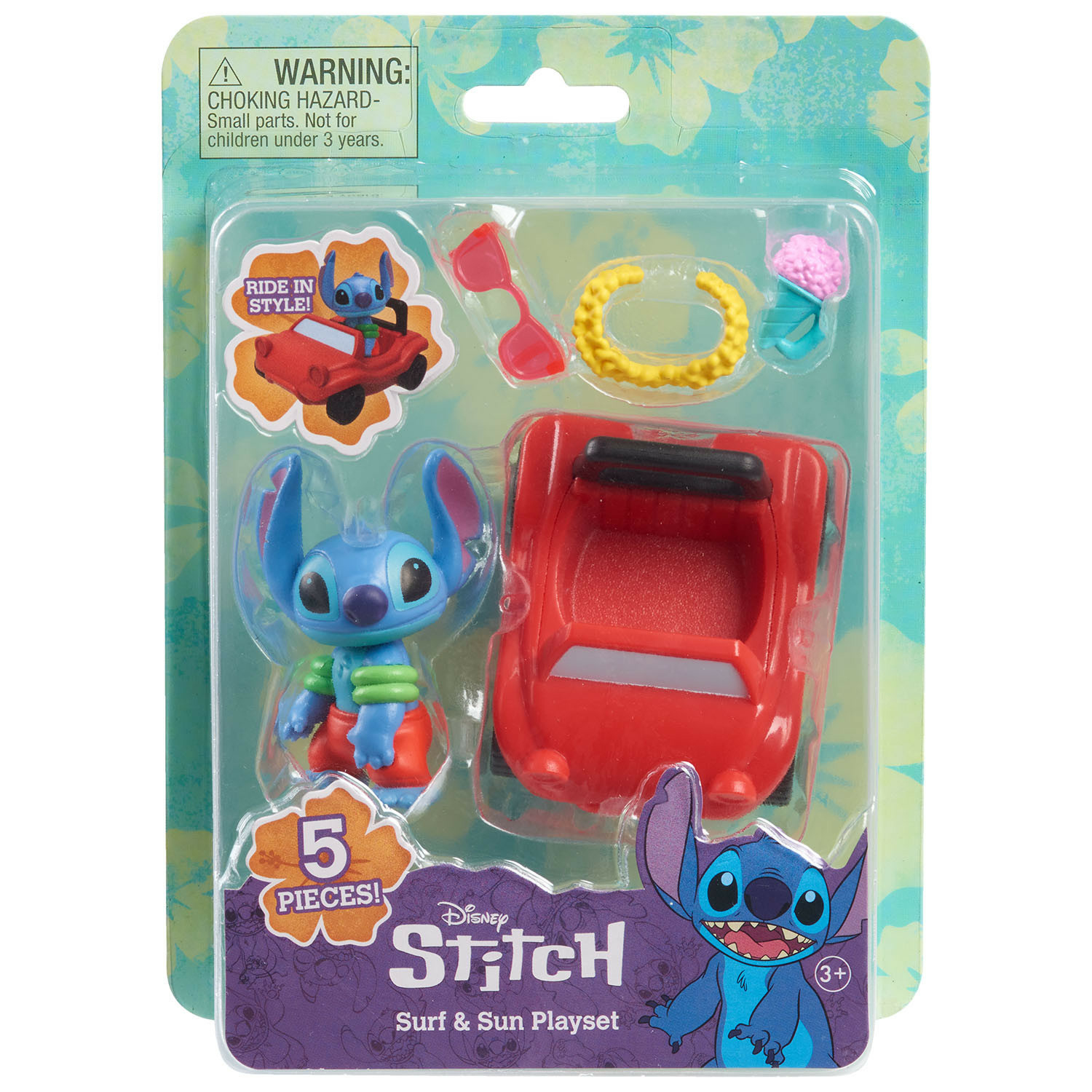 Playset Disney Stitch Surf & Sun con Stitch, auto rossa, occhiali da sole e gelato.