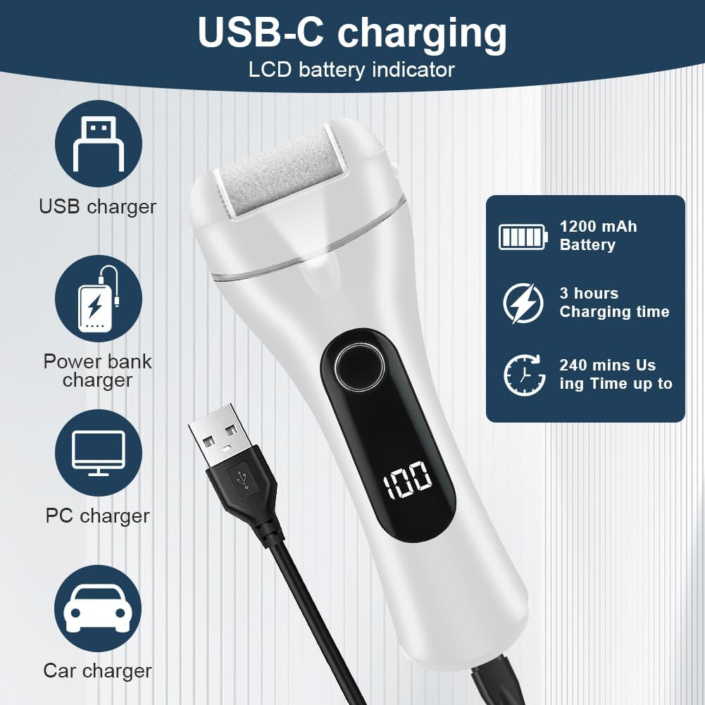 Weiße USB-C-Fußfeile mit LCD-Anzeige 100 %. Inklusive USB-Ladegerät-Symbolen.