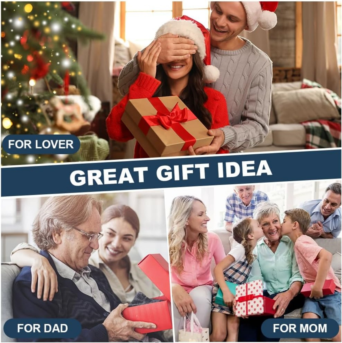 Ein Paar schenkt sich Geschenke, eine Familie feiert. Weihnachtsstimmung.