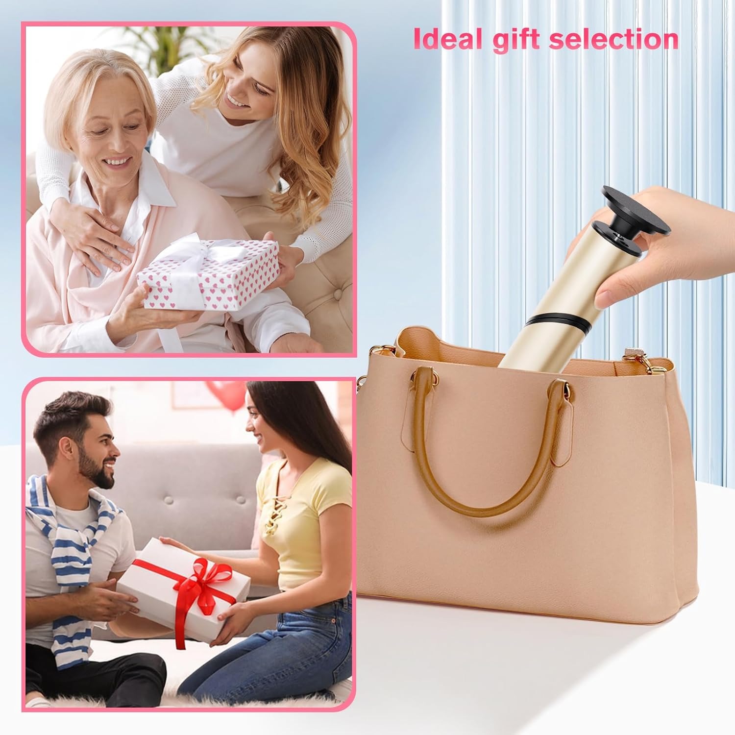 Eine Frau gibt einer älteren Frau ein Geschenk. Ein Mann gibt einer Frau ein Geschenk.