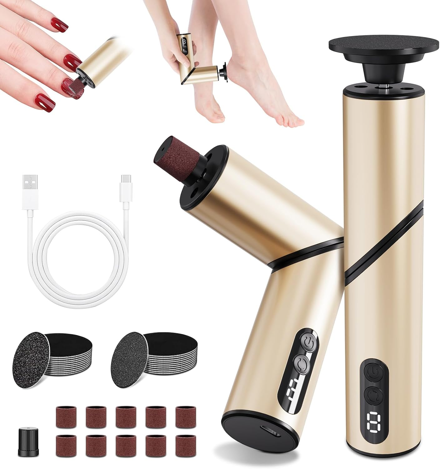 Goldfarbenes elektrisches Nagelfeilen-Set mit USB-Ladegerät, Bits und Fußpflege.