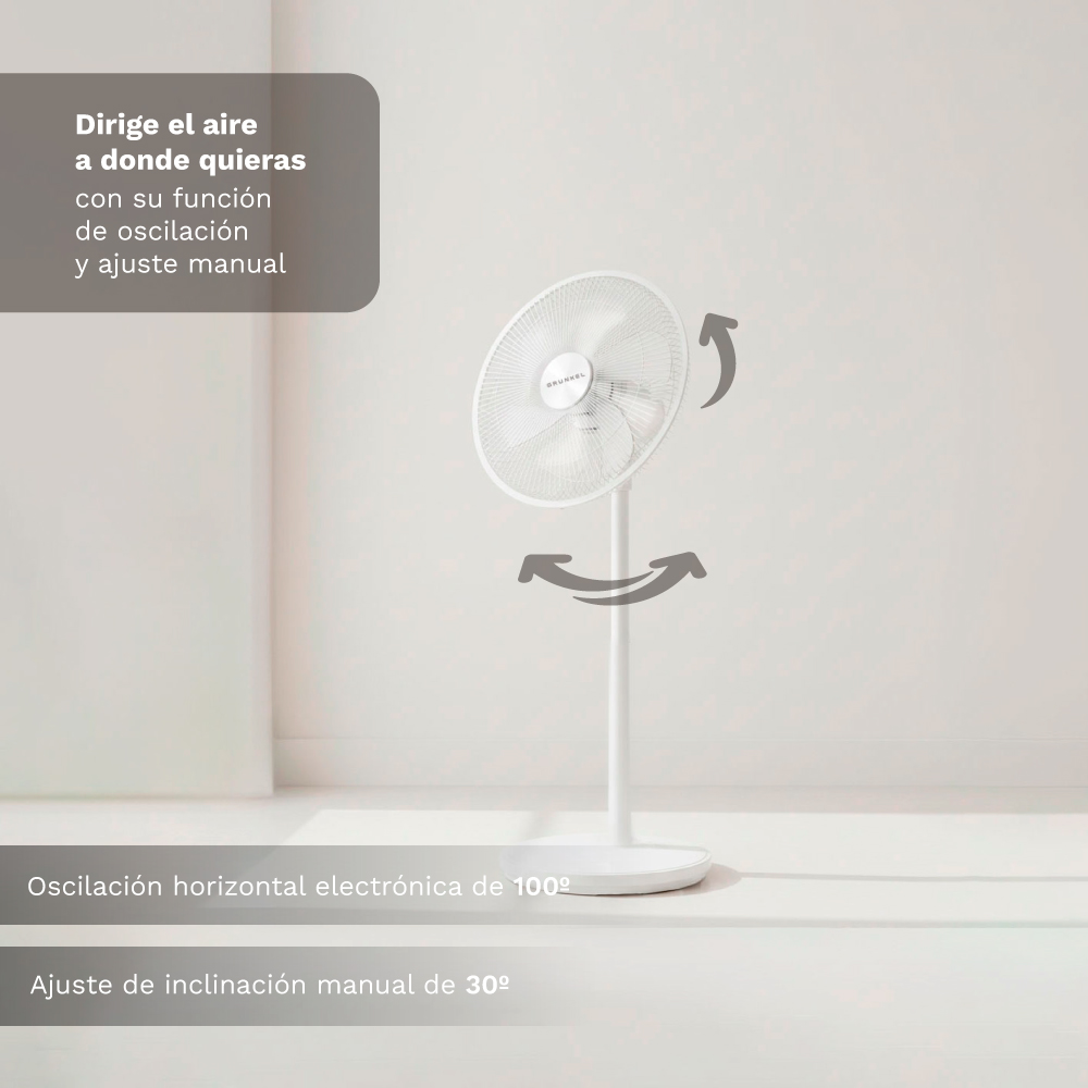 Un ventilador de pie blanco con funciones de oscilación e inclinación.