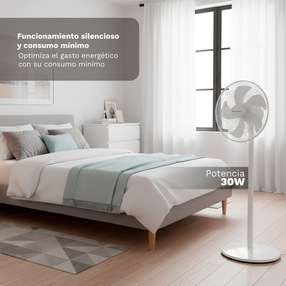 Un ventilador de pie blanco junto a una cama en un dormitorio, 30W.