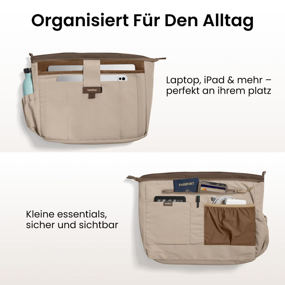Tas met vakken voor laptop, iPad, waterfles, paspoort en kabels.