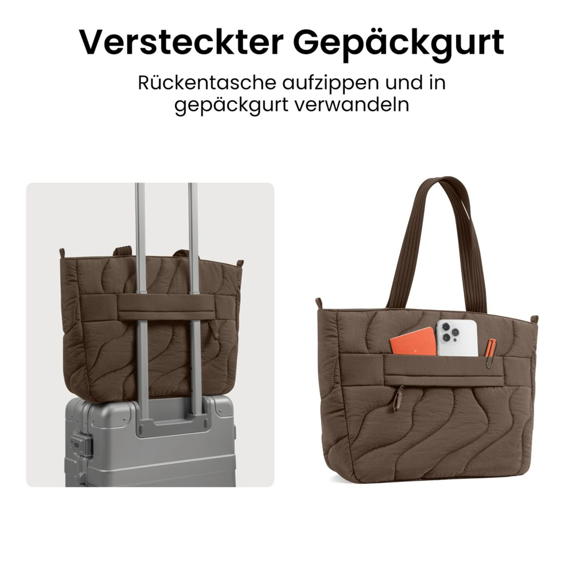 Bruine gewatteerde tas op zilveren koffer en aparte weergave met telefoon en notitieboekje.