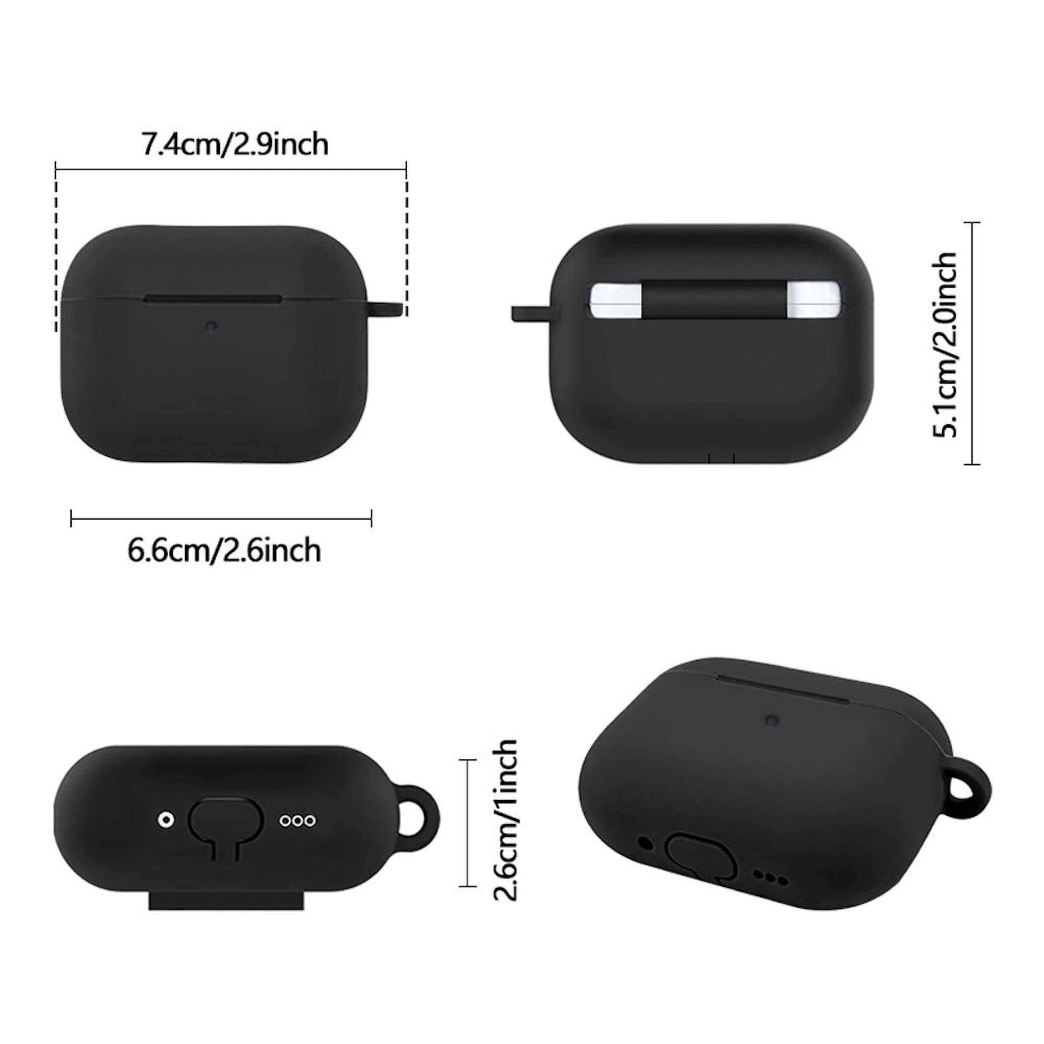 Funda negra para auriculares con dimensiones: 7.4x5.1x2.6cm. Vistas detalladas.