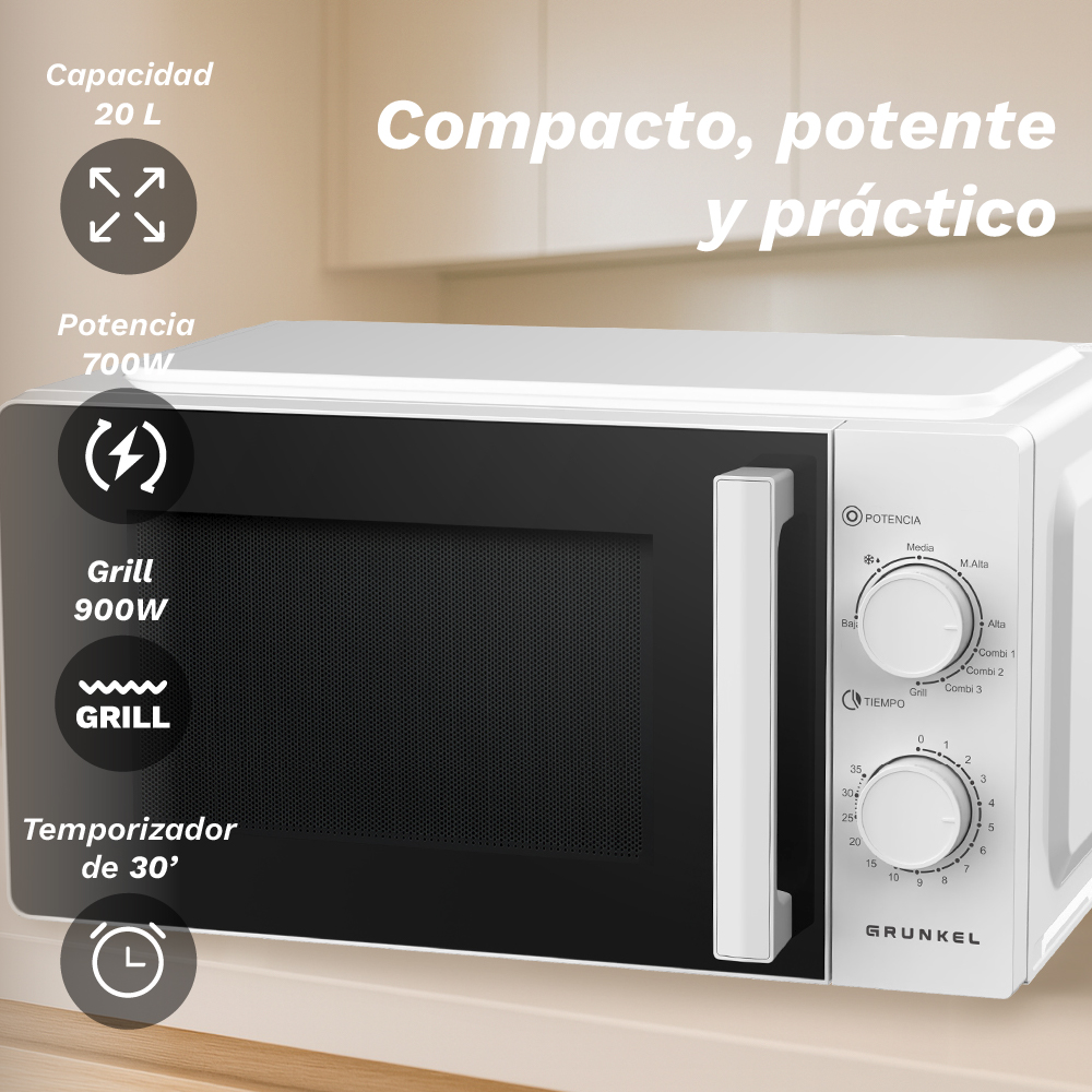 Un microondas blanco con puerta negra y mandos de control.