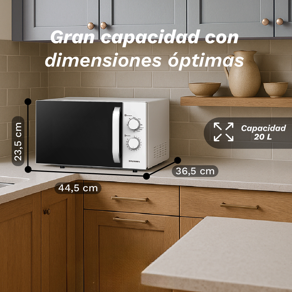 Un microondas blanco y negro de 44,5x23,5x36,5 cm y capacidad de 20 L.
