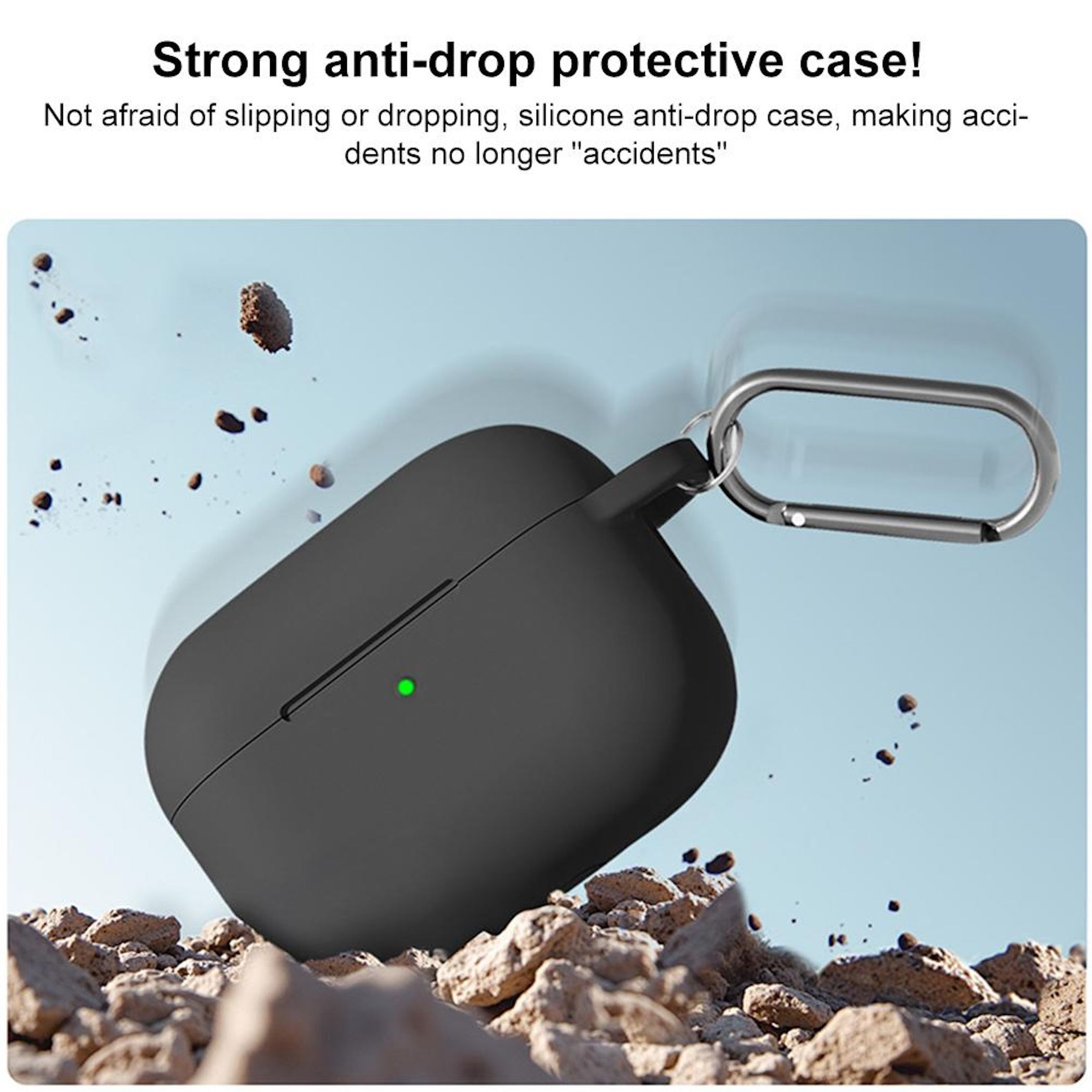 Funda negra a prueba de caídas con mosquetón, rodeada de rocas y polvo.