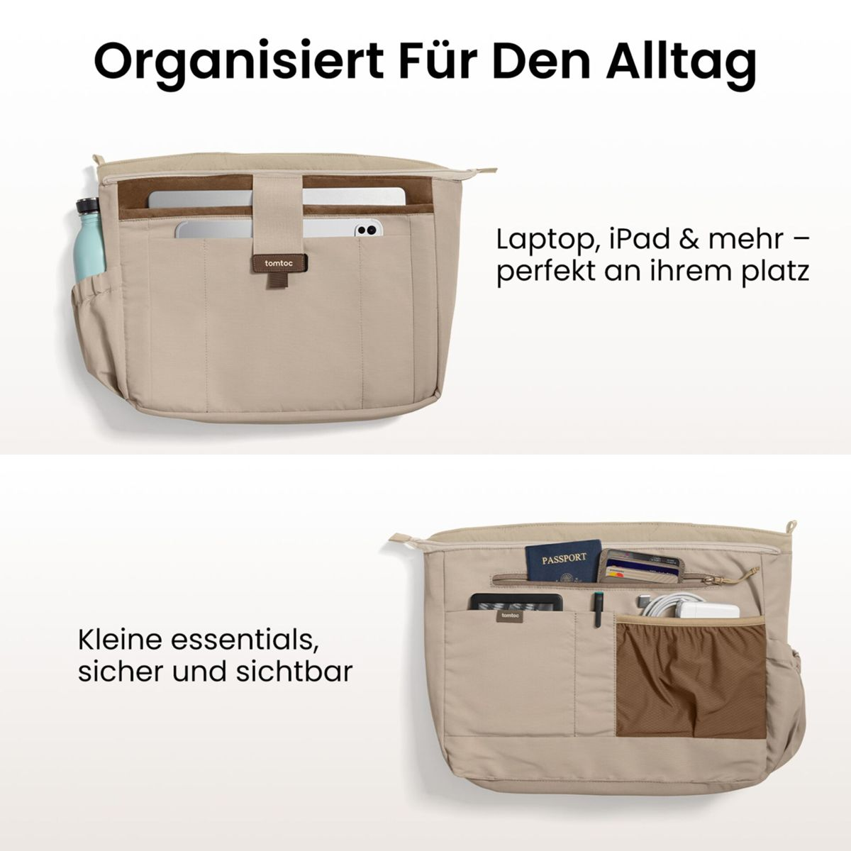 Borsa organizer beige con scomparti per laptop, iPad e piccoli oggetti.