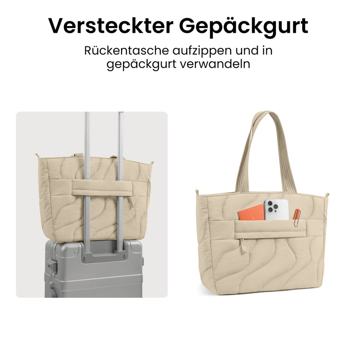 Borsa trapuntata beige su valigia argento con telefono e penna.