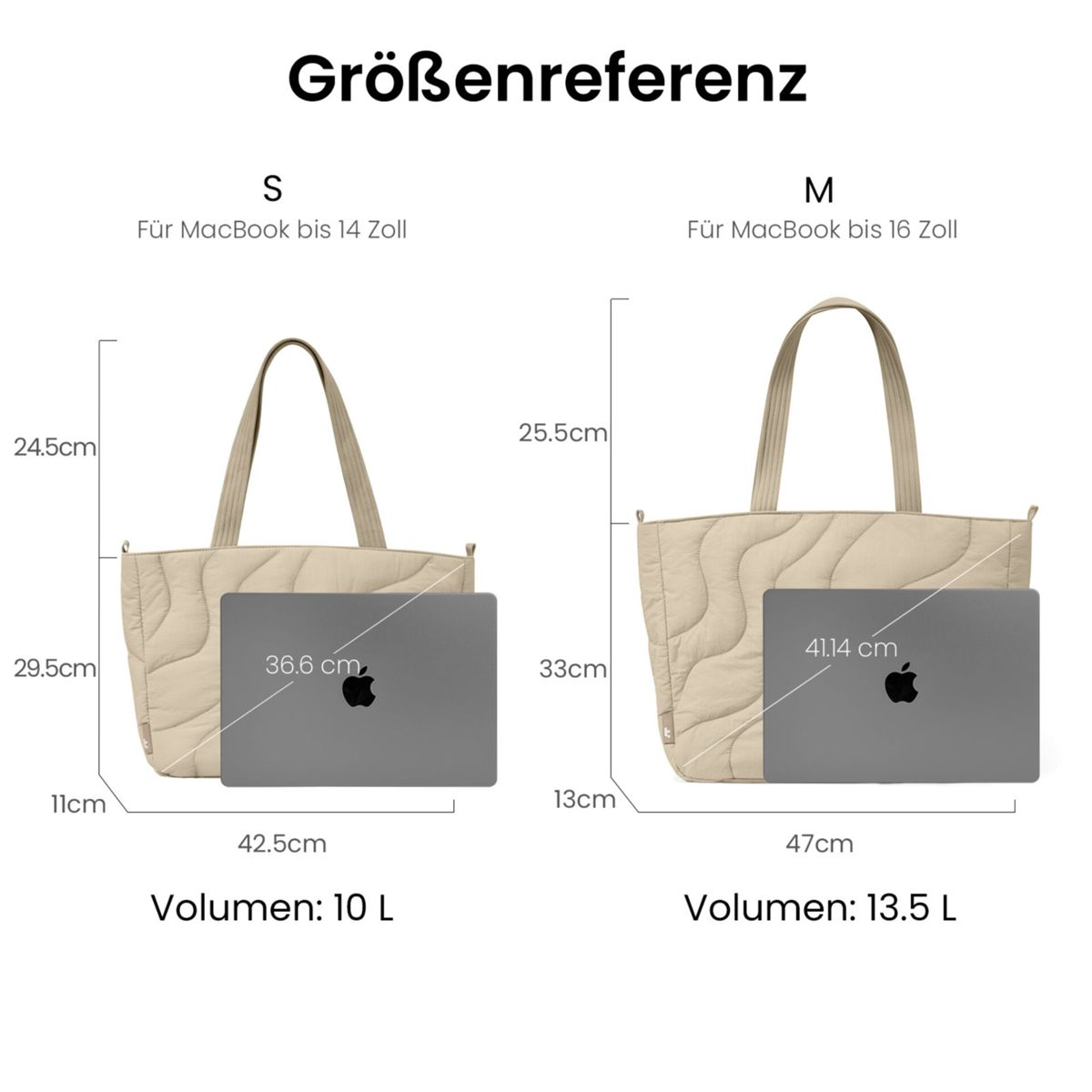 Confronto dimensioni: Borsa piccola per MacBook da 14 pollici (10L); borsa grande per MacBook da 16 pollici (13.5L).