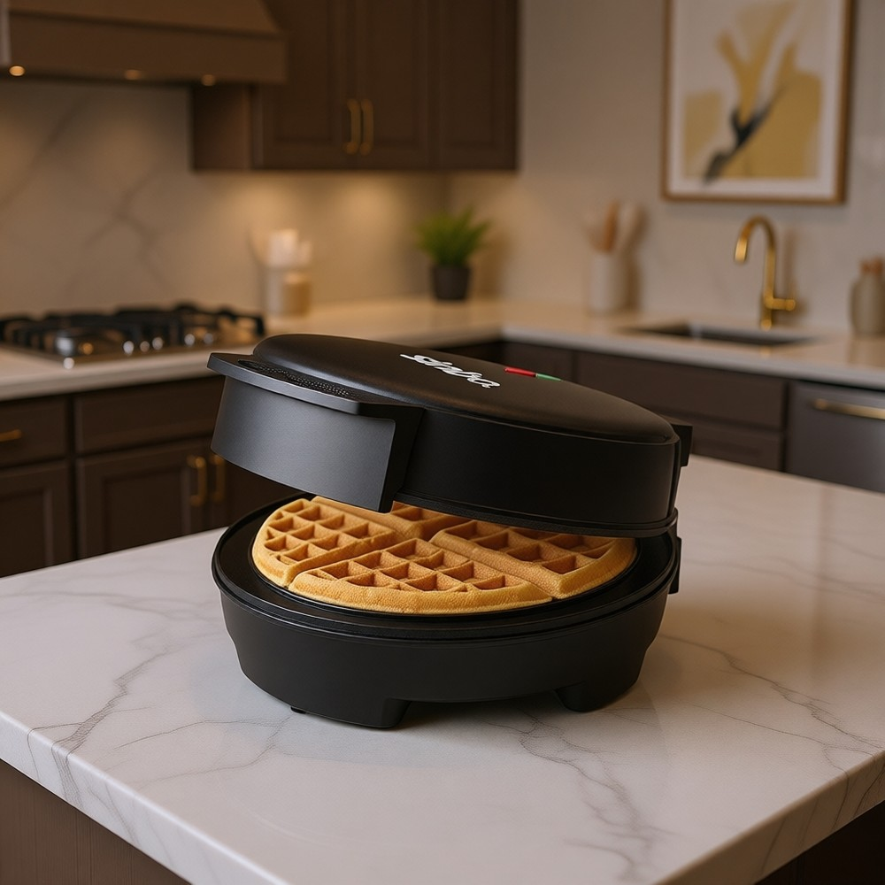 Mermer tezgah üzerinde, içinde iki altın rengi waffle bulunan açık siyah waffle makinesi.