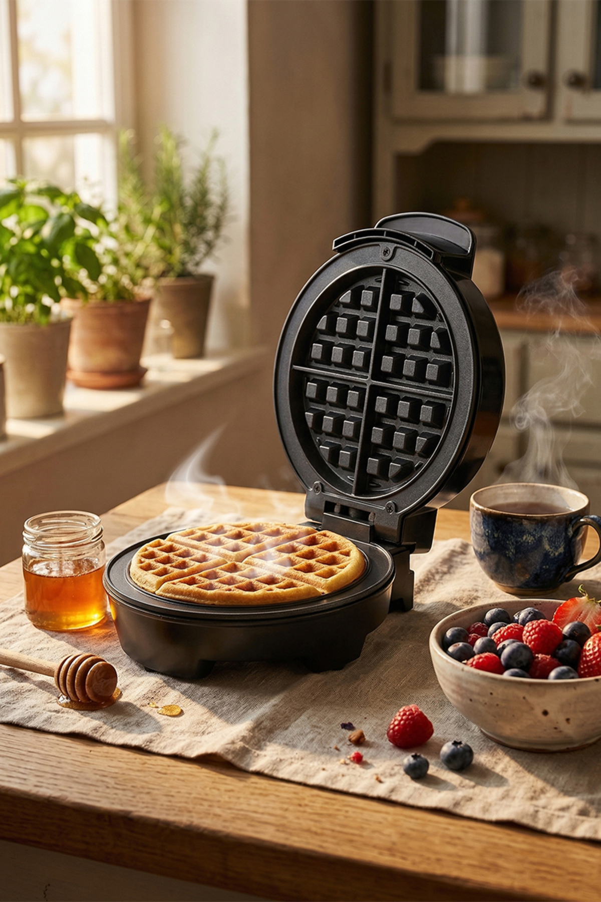 Taze pişmiş waffle, böğürtlen ve bal içeren bir waffle makinesi.