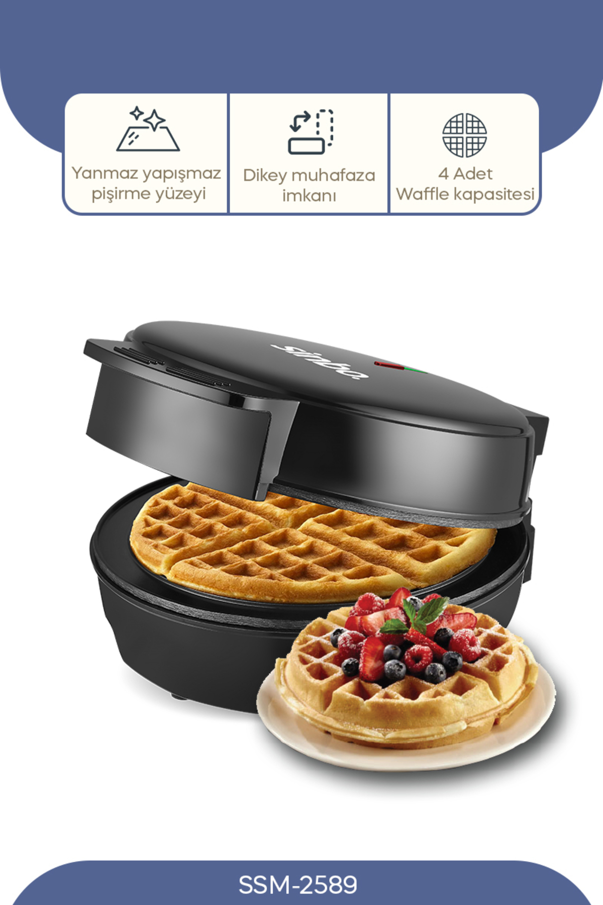Meyvelerle süslenmiş bir adet ile iki gofretli siyah waffle makinesi.
