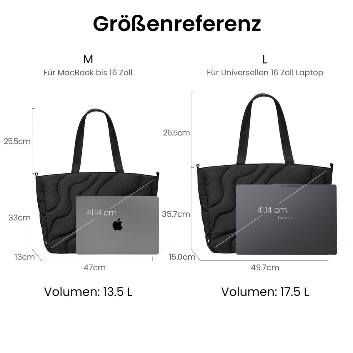 Due borse nere con laptop. Borsa sinistra con MacBook, borsa destra con laptop Lenovo.