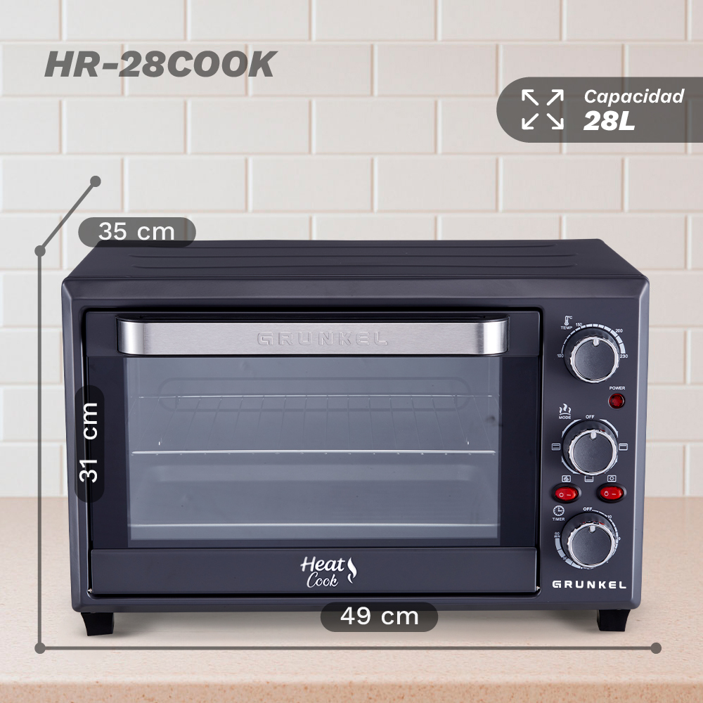 Un horno Grunkel gris oscuro, 49cm An x 31cm Al x 35cm Pr, capacidad 28L.