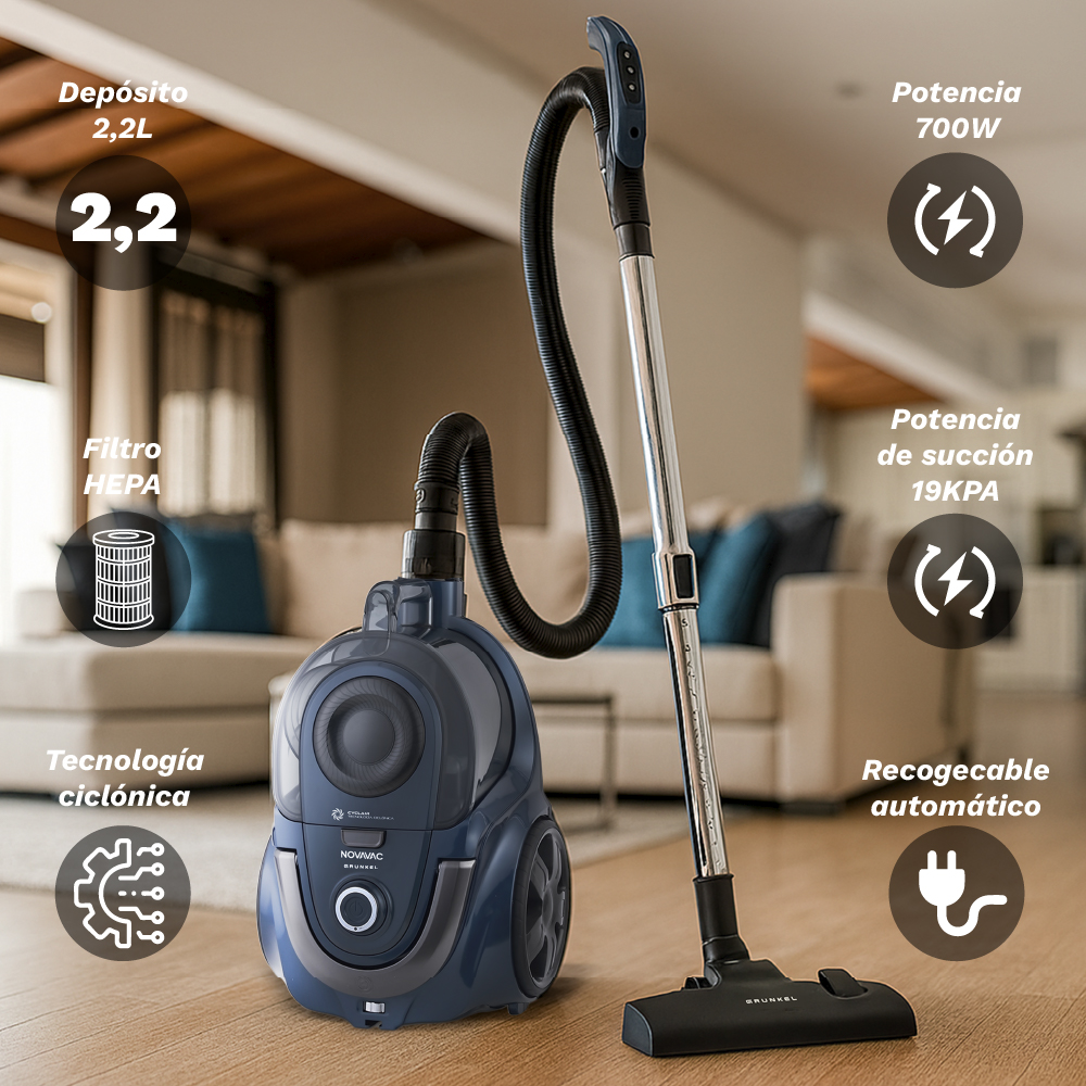 Aspiradora azul de trineo con filtro HEPA, potencia 700W, depósito 2,2L.