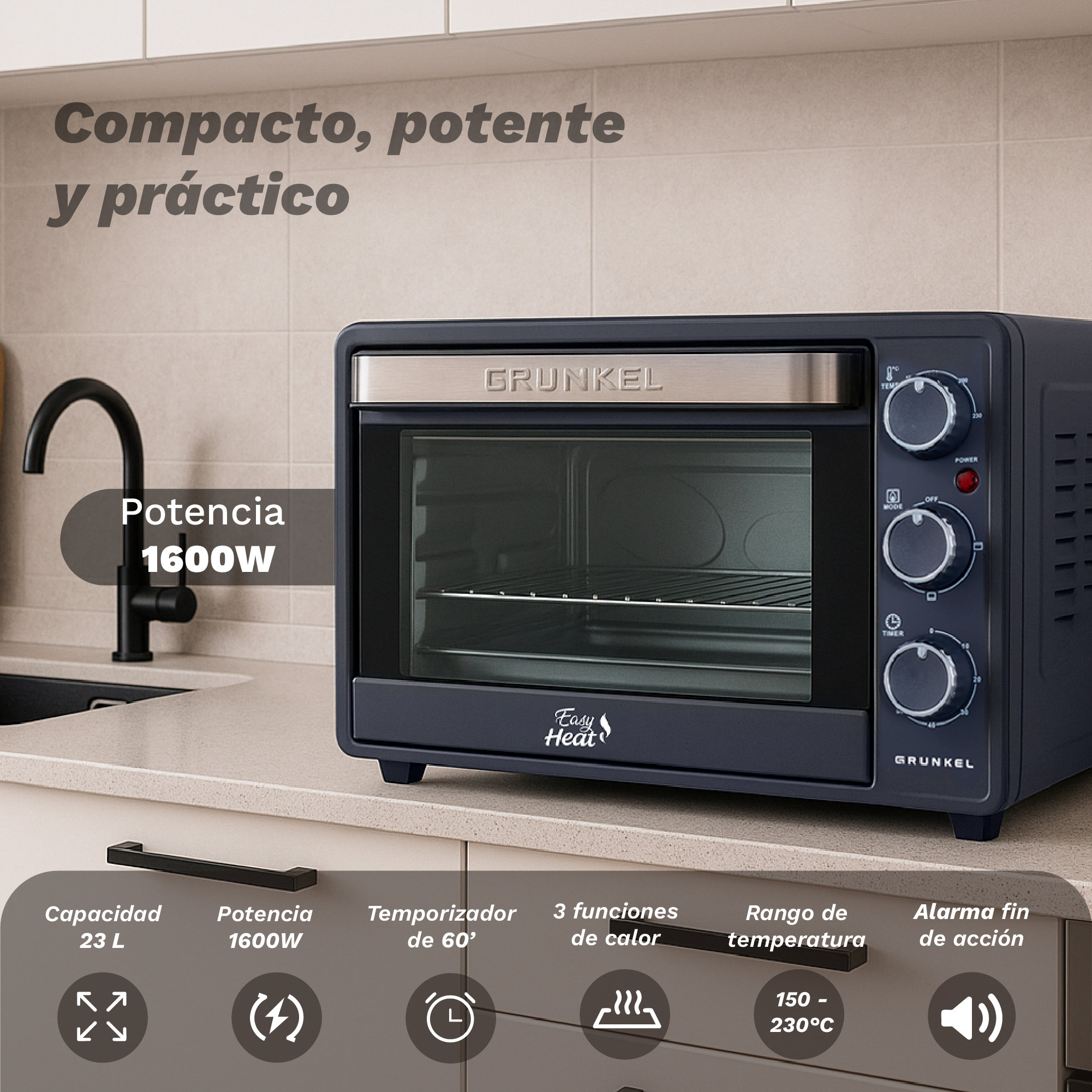 Un horno de sobremesa oscuro con diales y temporizador, 1600W.
