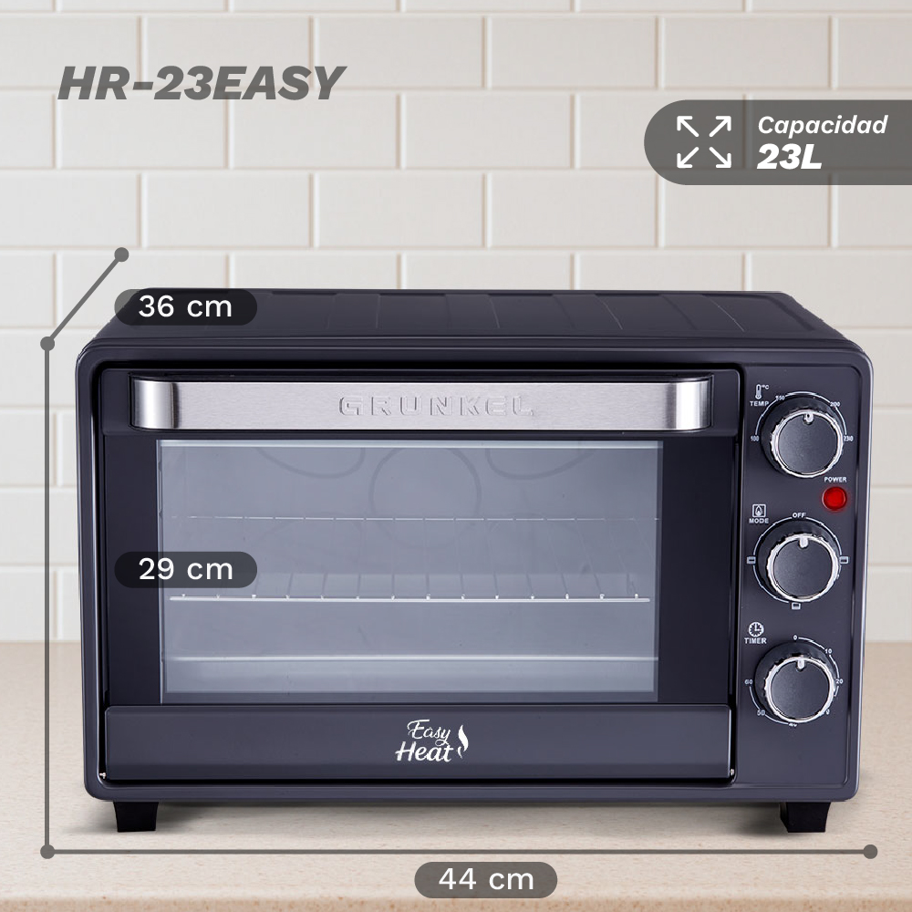 Un horno Grunkel oscuro con capacidad de 23L. Dimensiones: 44x36x29cm. Pantalla digital.