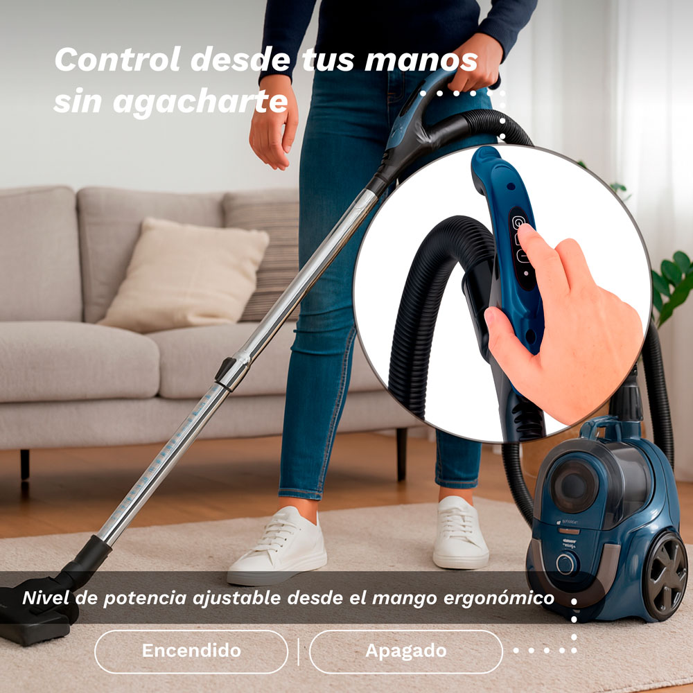 Una persona con jeans azules y zapatillas blancas usa una aspiradora azul.