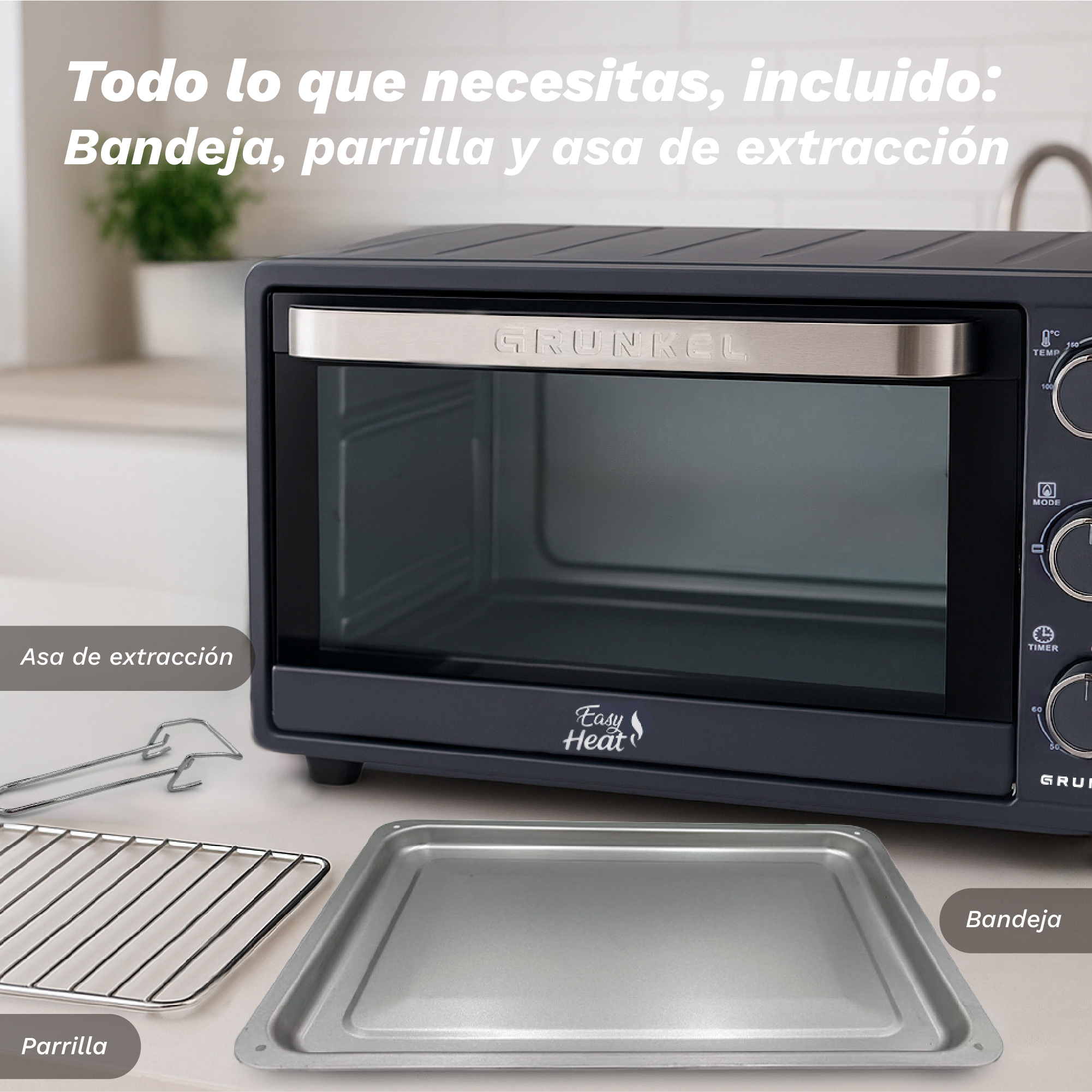 Un horno de sobremesa oscuro con accesorios: una bandeja, una parrilla y un asa.