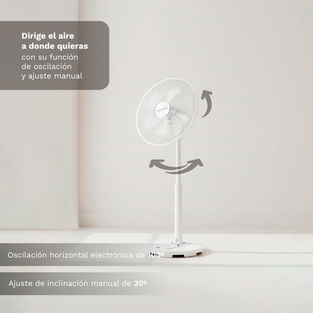 Un ventilador de pie blanco con funciones de oscilación e inclinación.